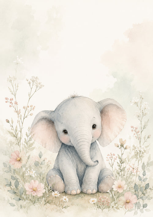 Baby Elephant in A Meadow of Blooms pastel nursery animal wall print by PosterMe.shop