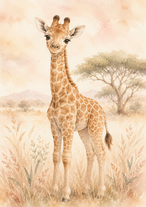 Baby Giraffe in A Peaceful Savanna pastel nursery animal wall print by PosterMe.shop