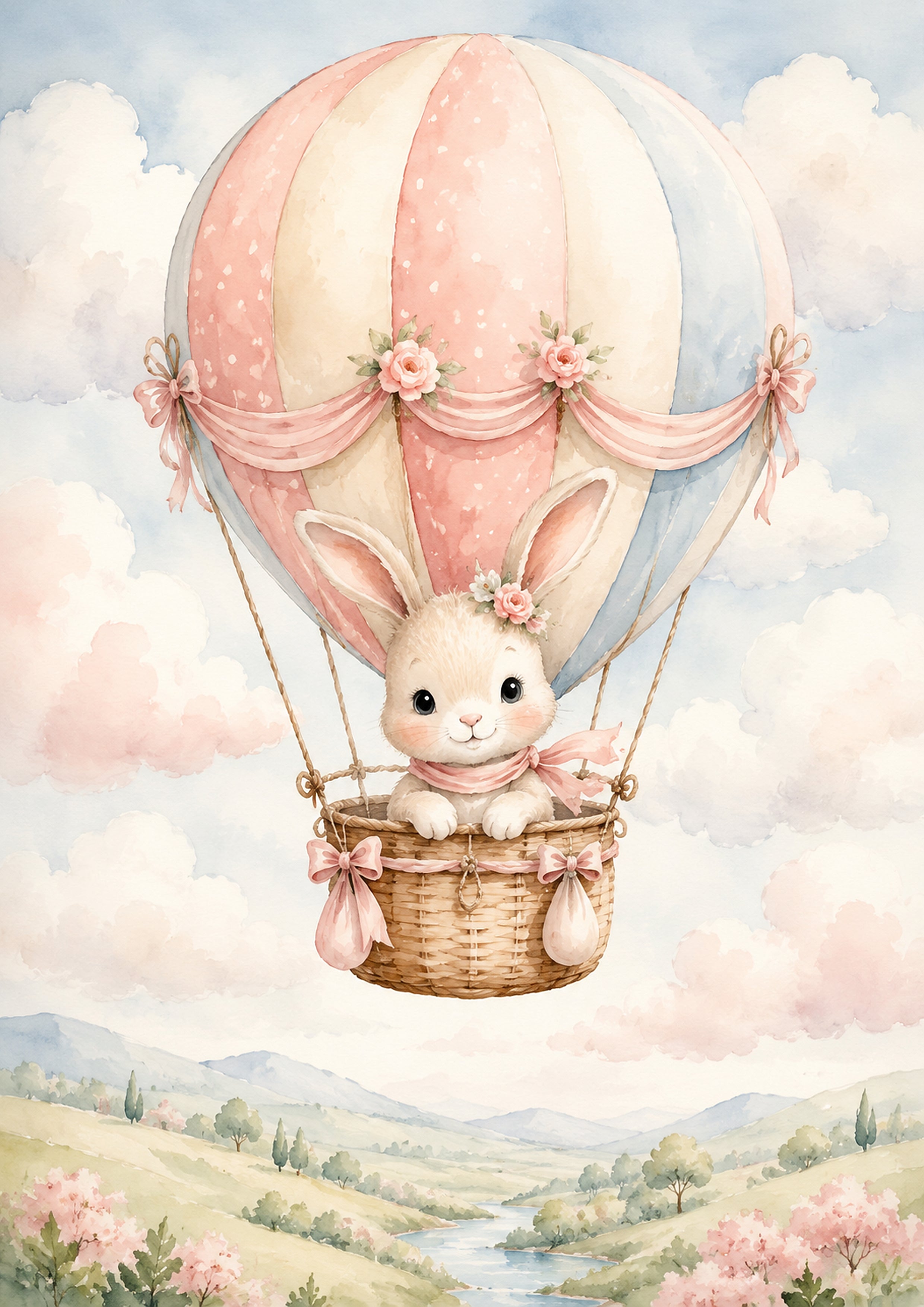 Bunny in A Pastel Balloon Sky pastel nursery animal wall print by PosterMe.shop