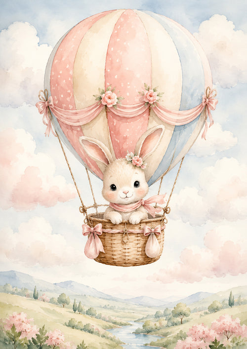 Bunny in A Pastel Balloon Sky pastel nursery animal wall print by PosterMe.shop