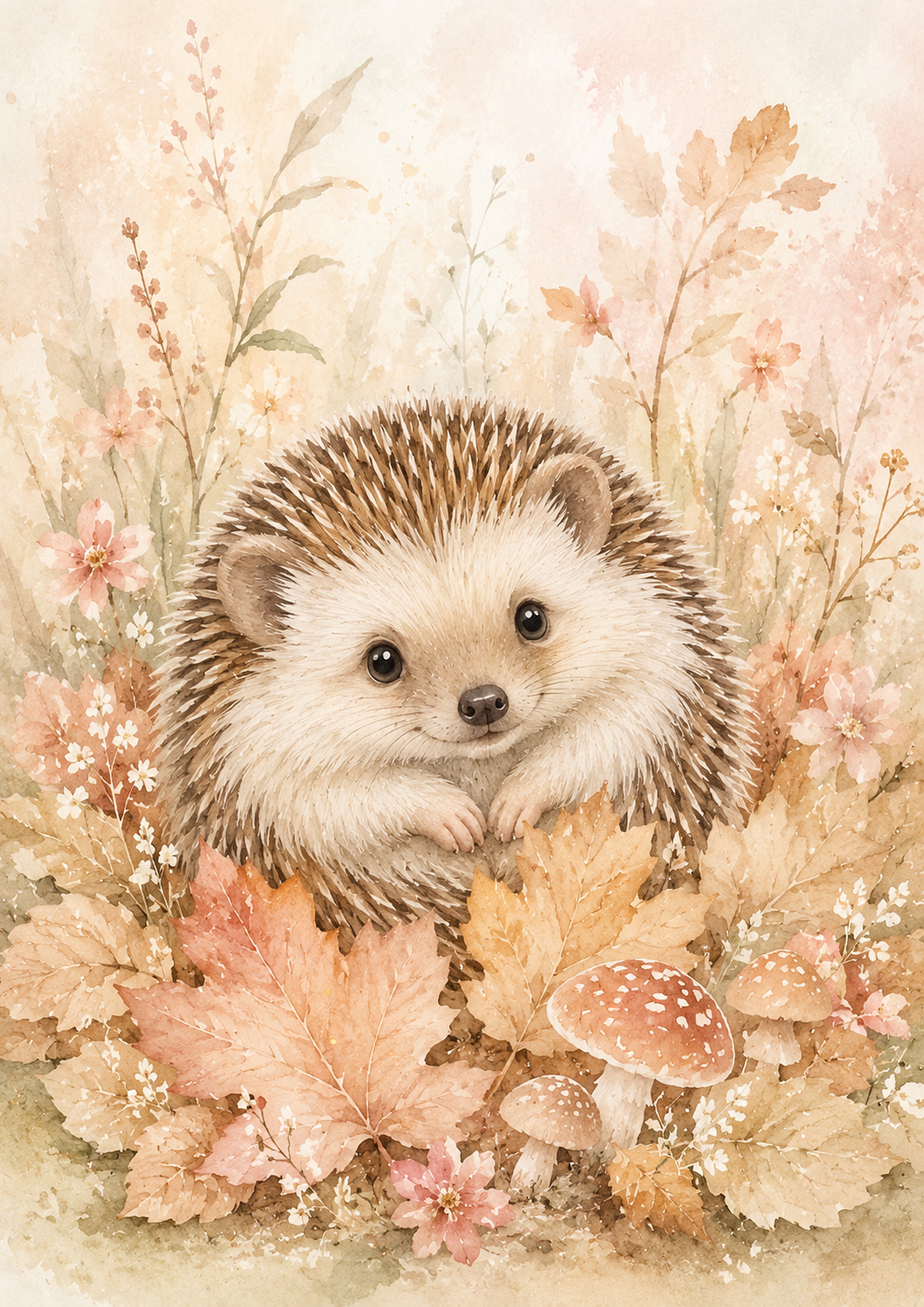 Cozy Autumn Hedgehog in A Meadow pastel nursery animal wall print by PosterMe.shop