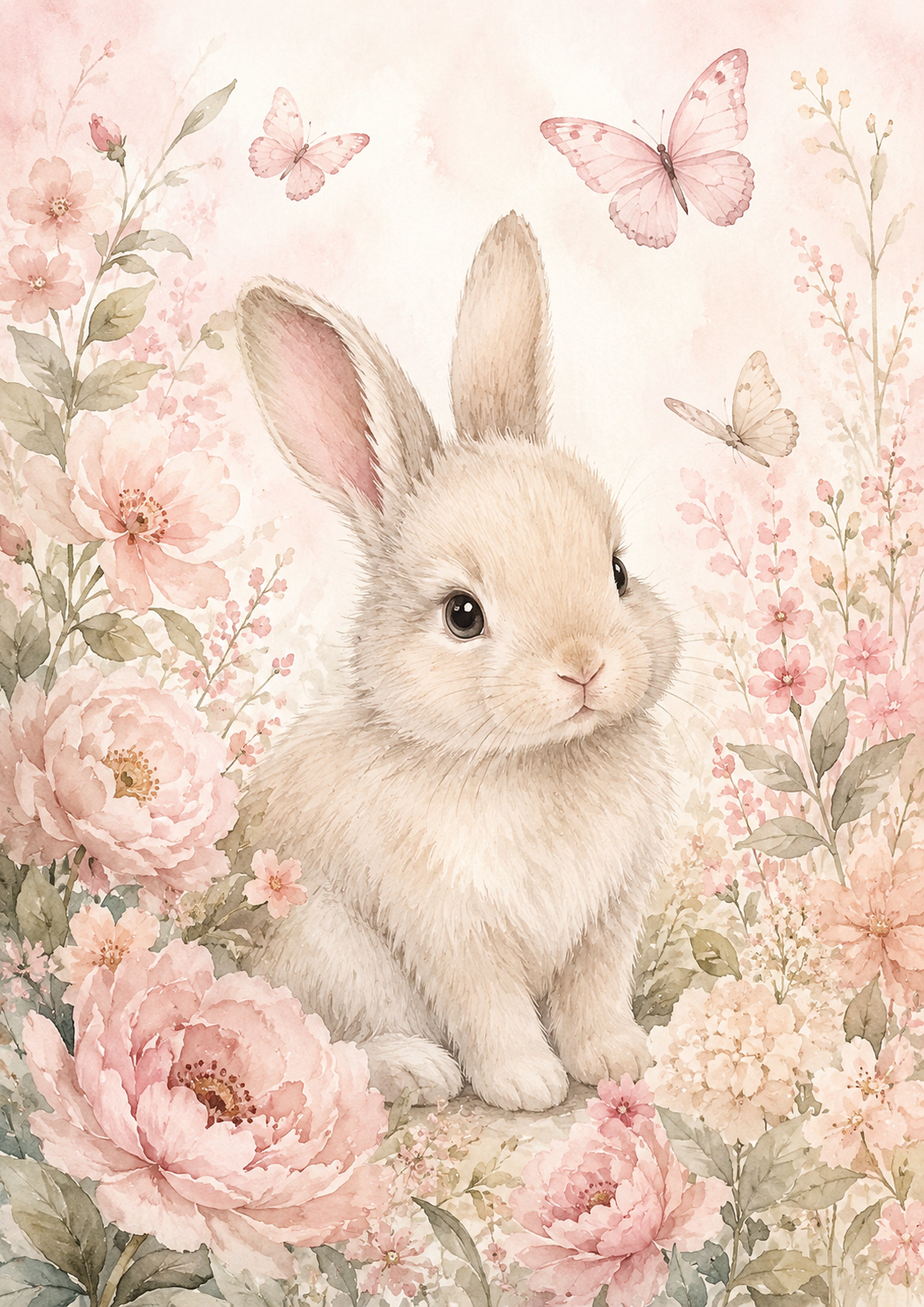 Gentle Bunny in A Blooming Garden pastel nursery animal wall print by PosterMe.shop