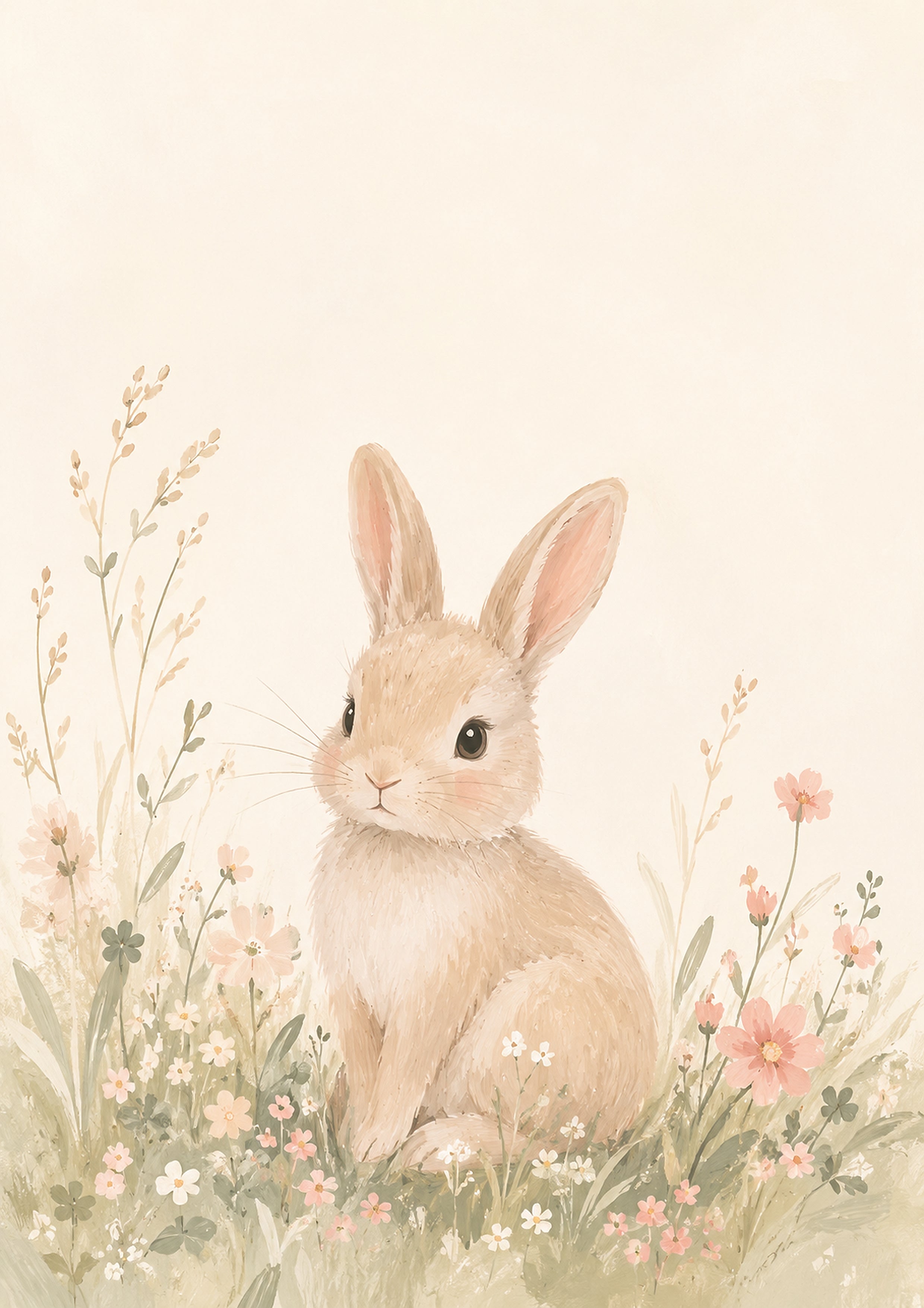 Gentle Bunny in A Pastel Meadow pastel nursery animal wall print by PosterMe.shop