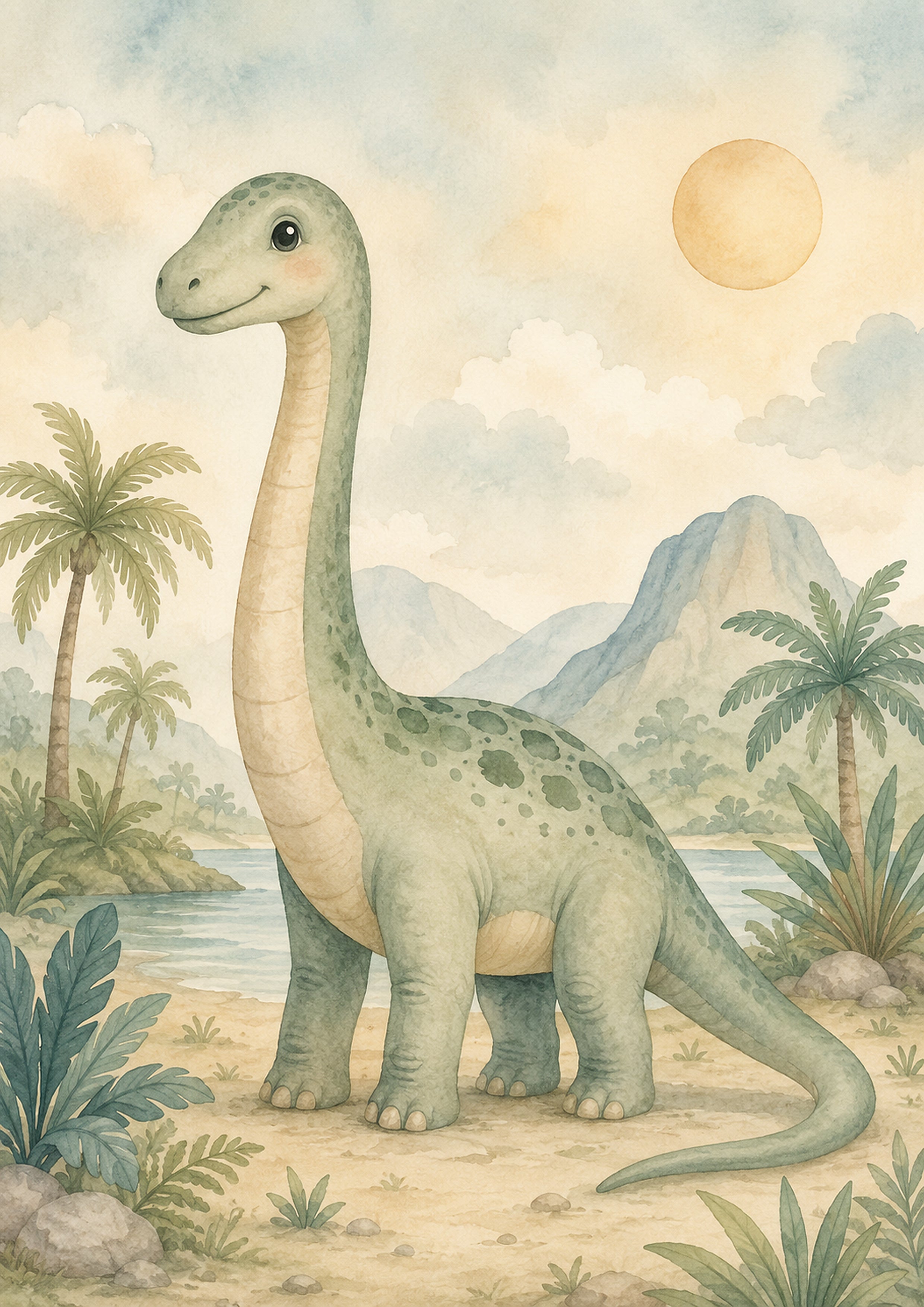 Gentle Dinosaur in A Peaceful Valley pastel nursery animal wall print by PosterMe.shop