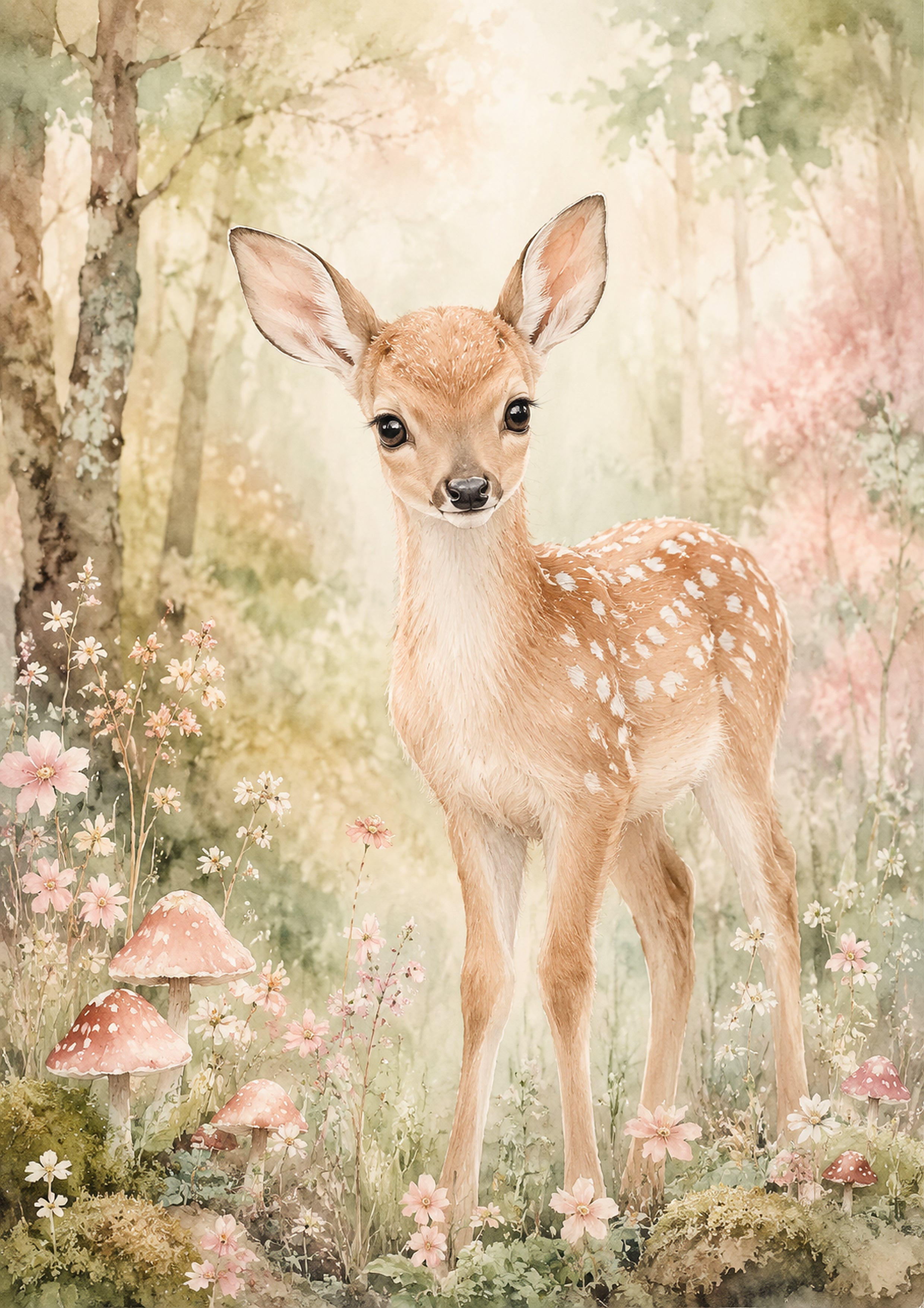 Gentle Fawn in A Pastel Glade pastel nursery animal wall print by PosterMe.shop