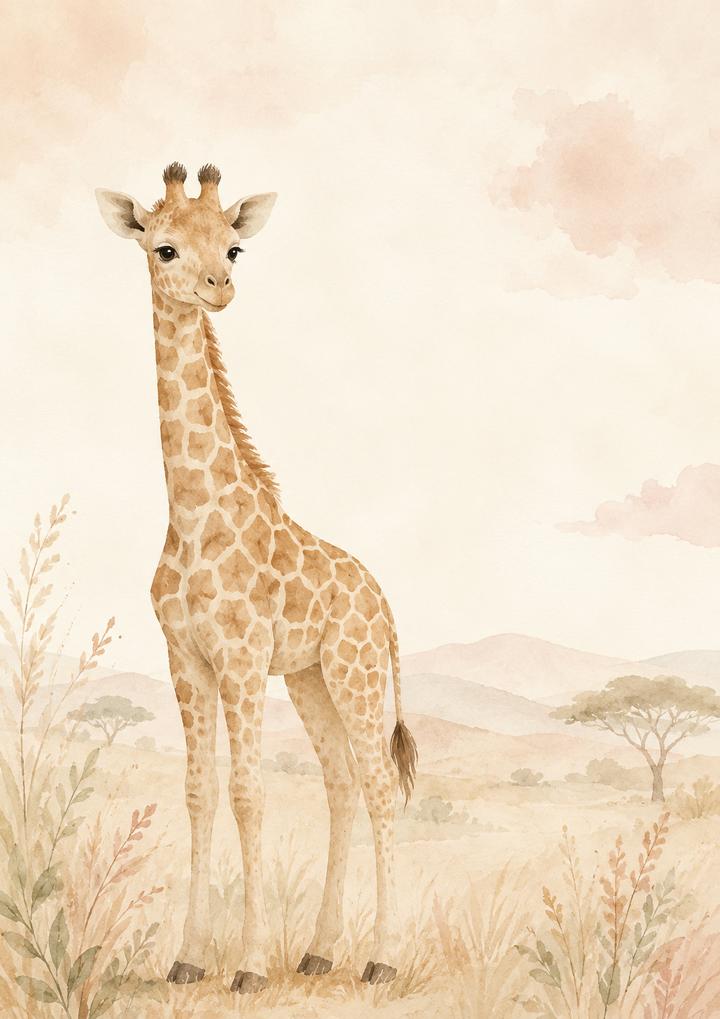 Gentle Giraffe in A Calm Savanna pastel nursery animal wall print by PosterMe.shop