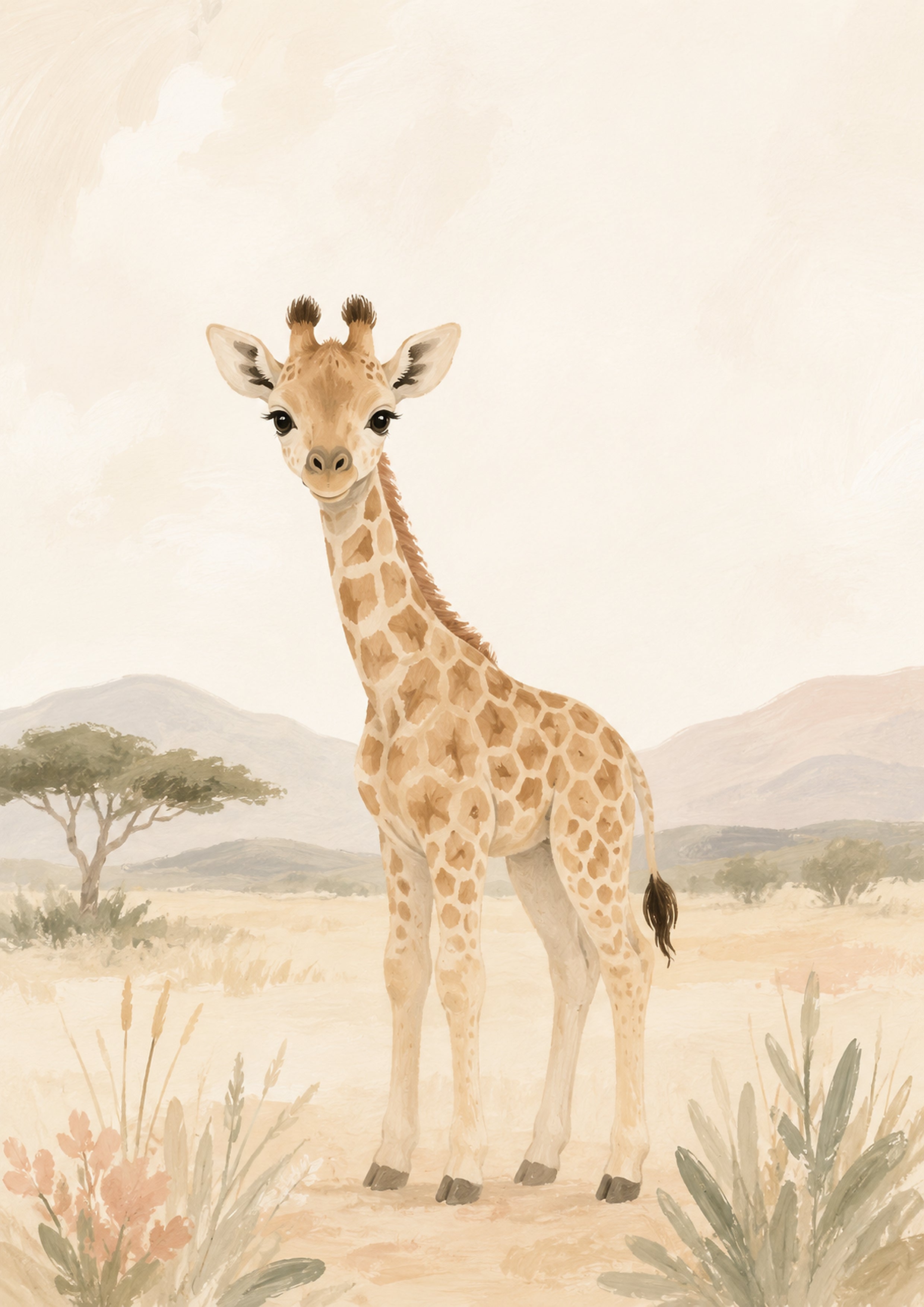 Gentle Giraffe in A Peaceful Savanna pastel nursery animal wall print by PosterMe.shop