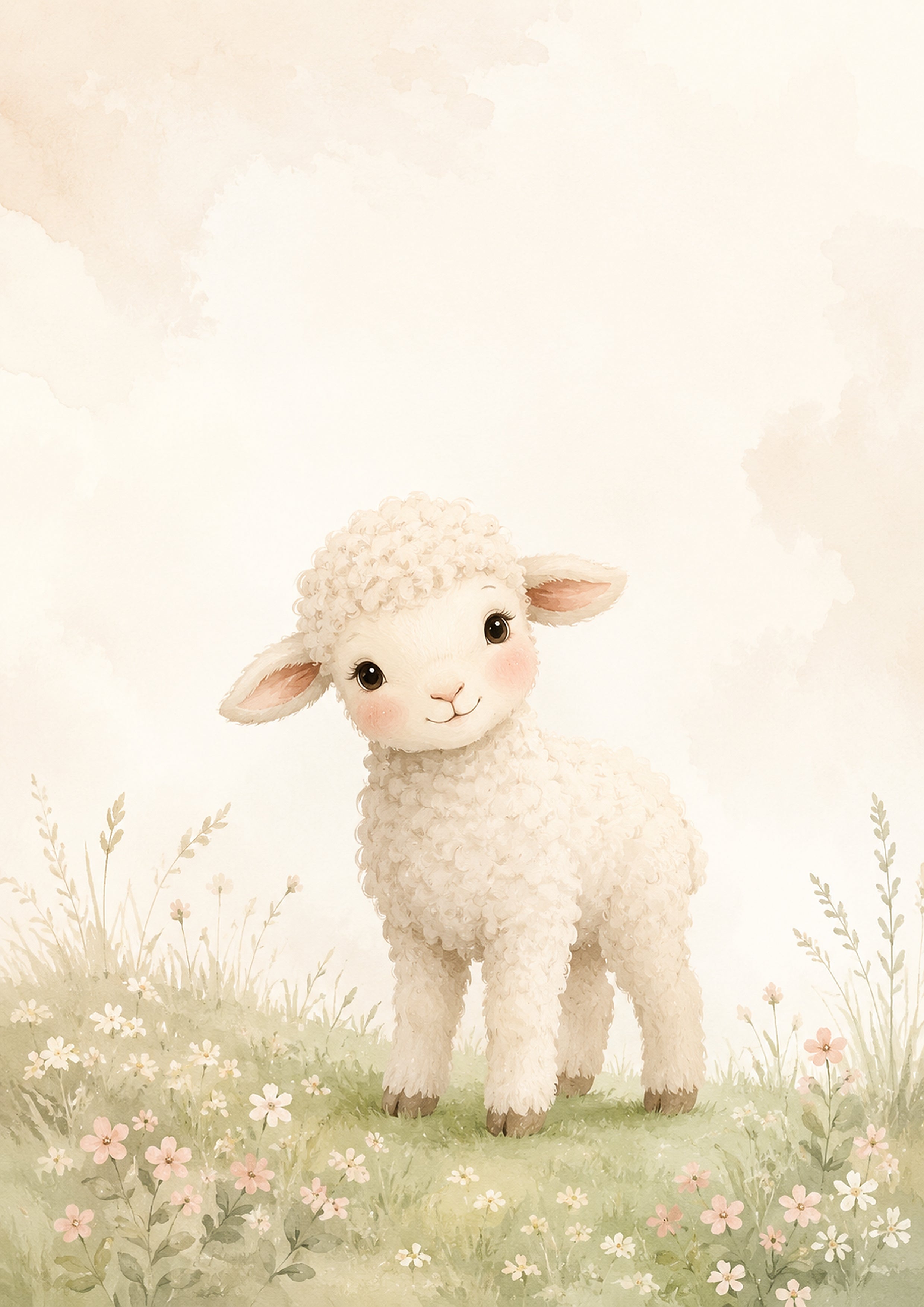 Gentle Lamb in A Meadow pastel nursery animal wall print by PosterMe.shop