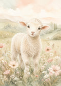 Gentle Lamb in A Pastel Meadow pastel nursery animal wall print by PosterMe.shop