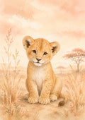Gentle Lion Cub in A Dreamy Savanna pastel nursery animal wall print by PosterMe.shop