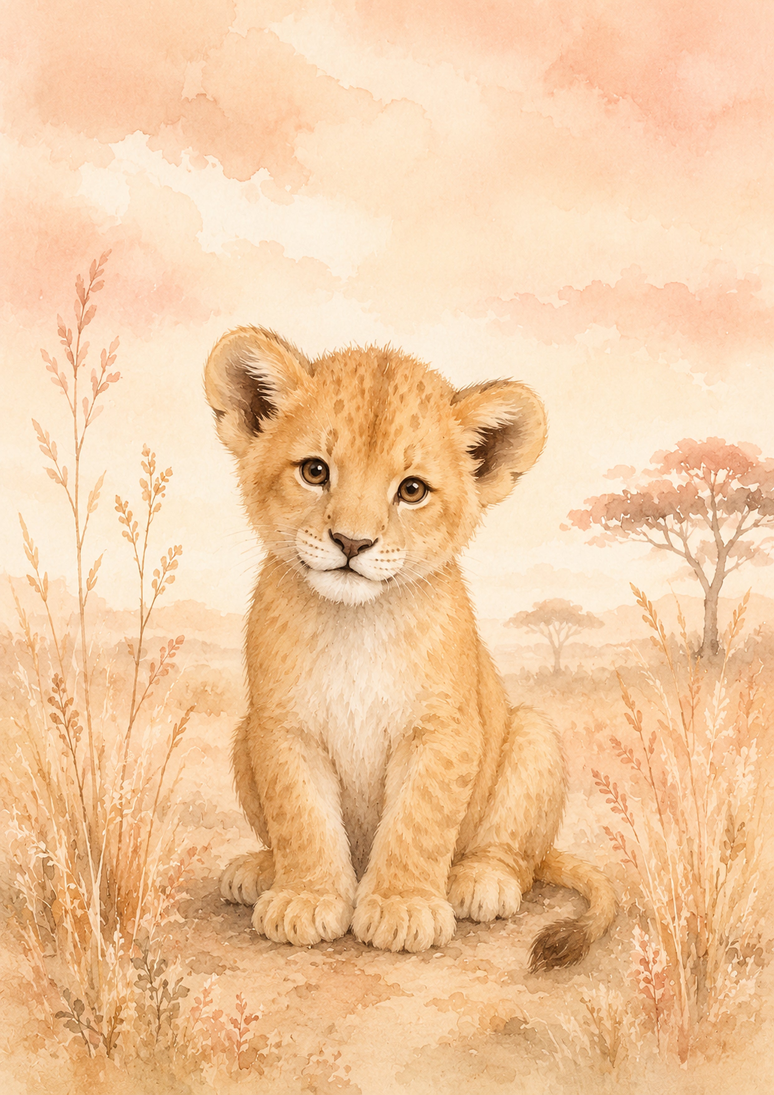 Gentle Lion Cub in A Dreamy Savanna pastel nursery animal wall print by PosterMe.shop
