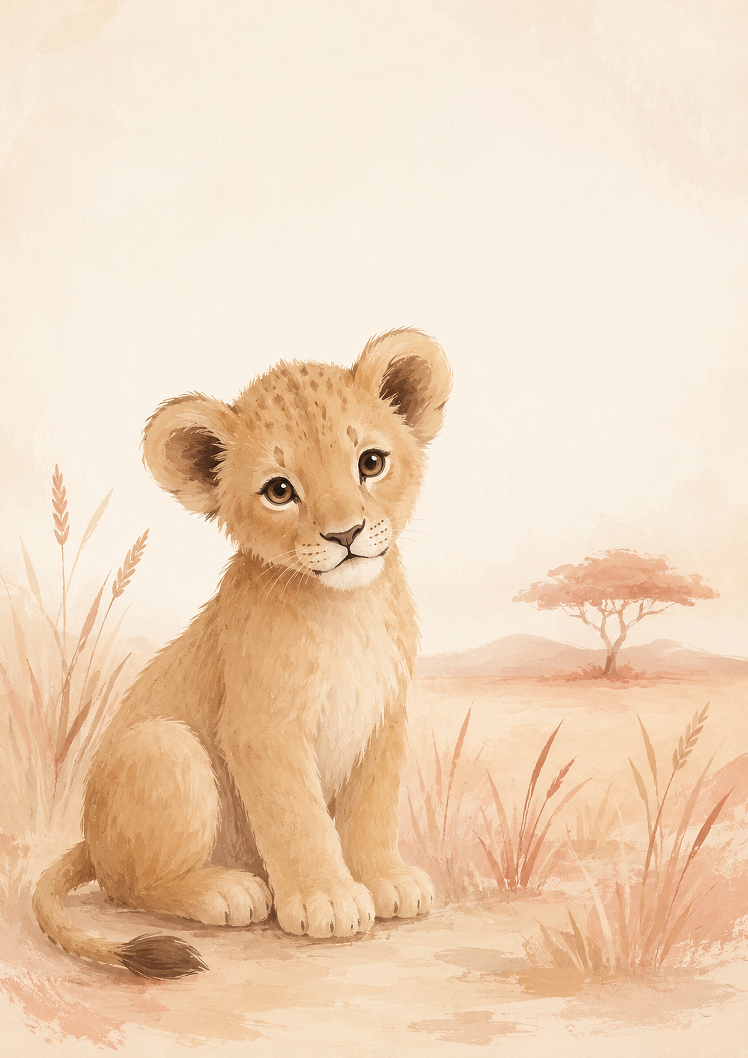 Gentle Lion Cub in the Savanna pastel nursery animal wall print by PosterMe.shop