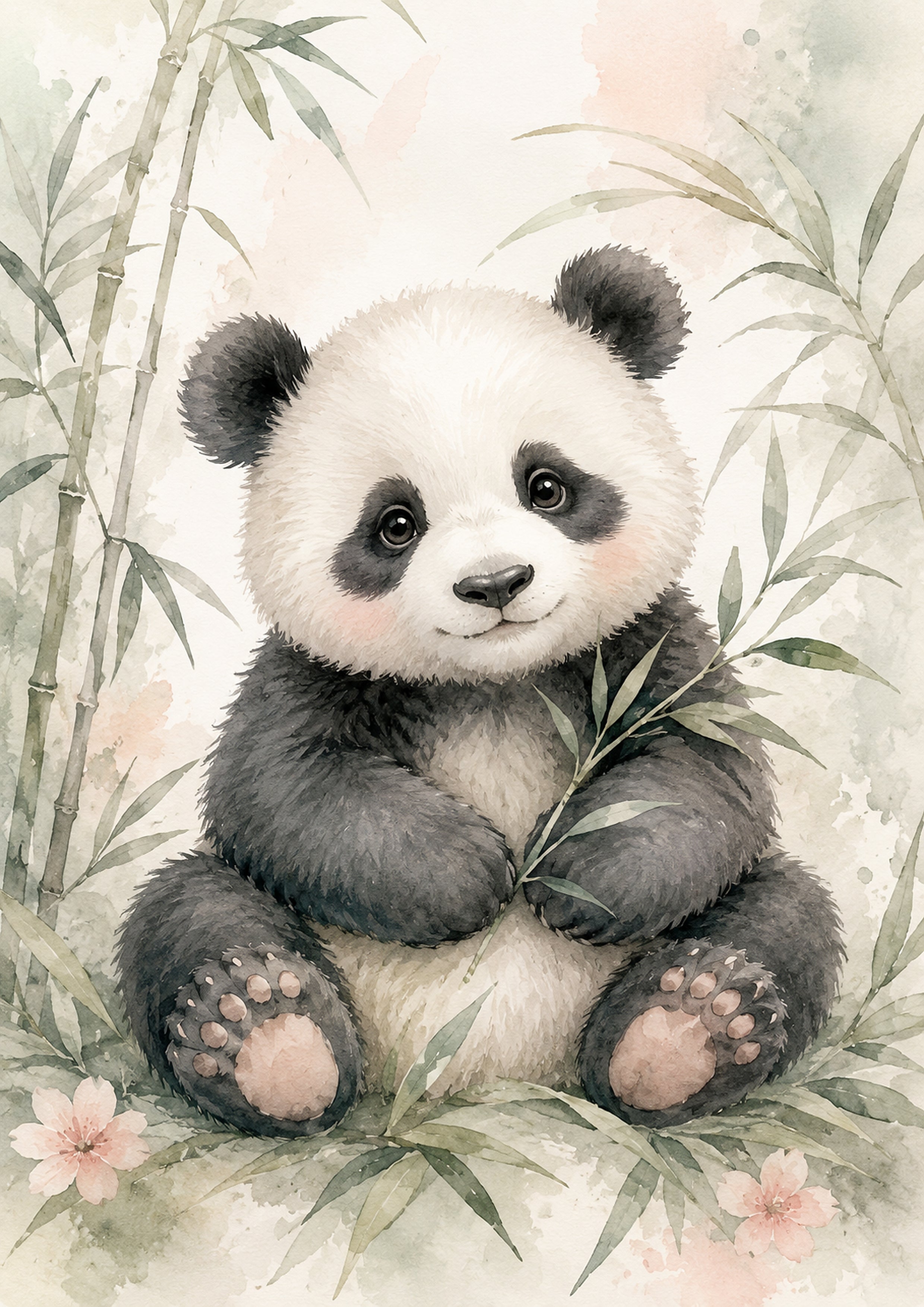 Gentle Panda Amidst Bamboo Serenity pastel nursery animal wall print by PosterMe.shop