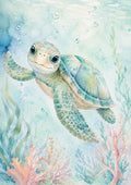 Gentle Turtle in A Watercolour Sea pastel nursery animal wall print by PosterMe.shop