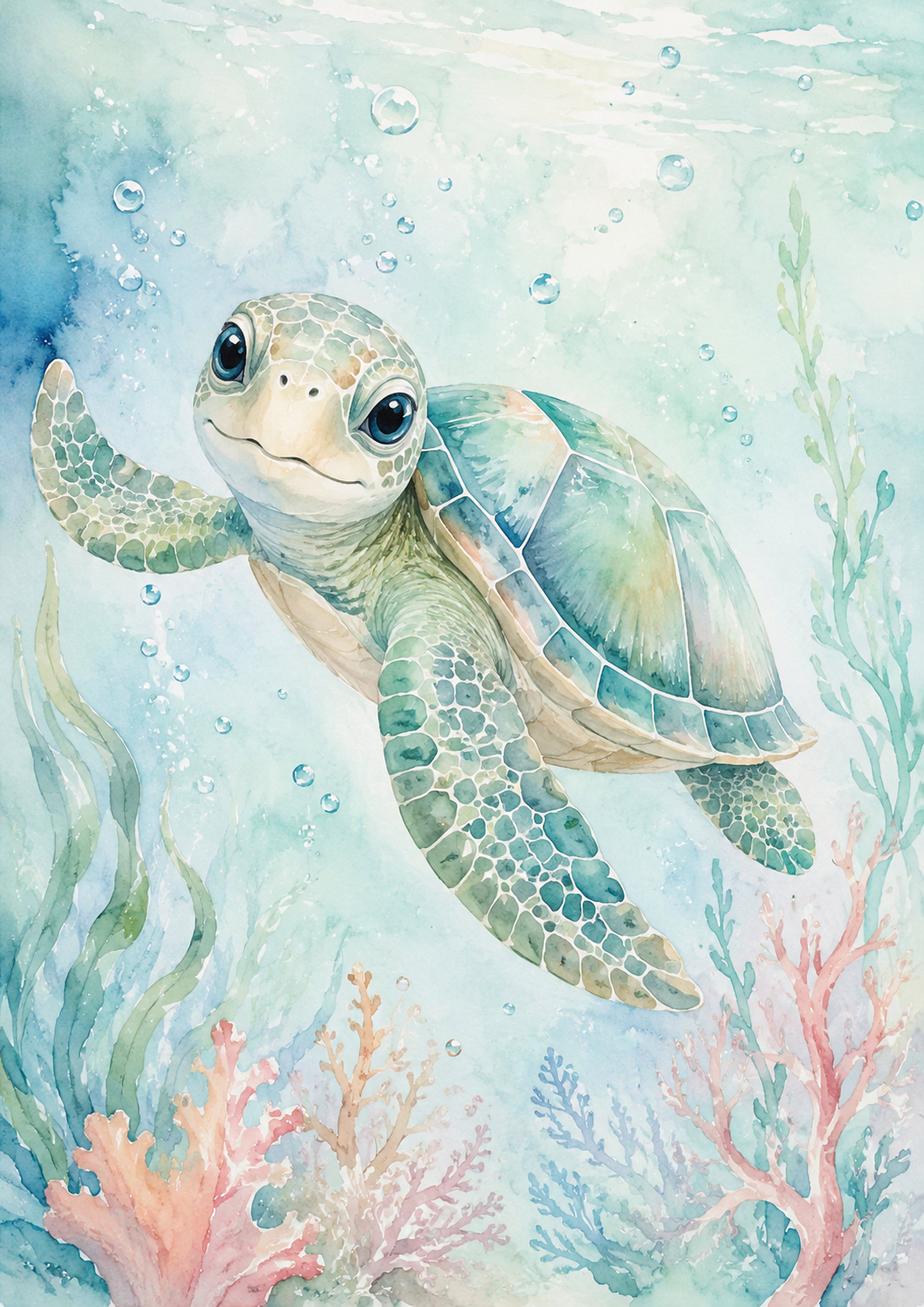 Gentle Turtle in A Watercolour Sea pastel nursery animal wall print by PosterMe.shop
