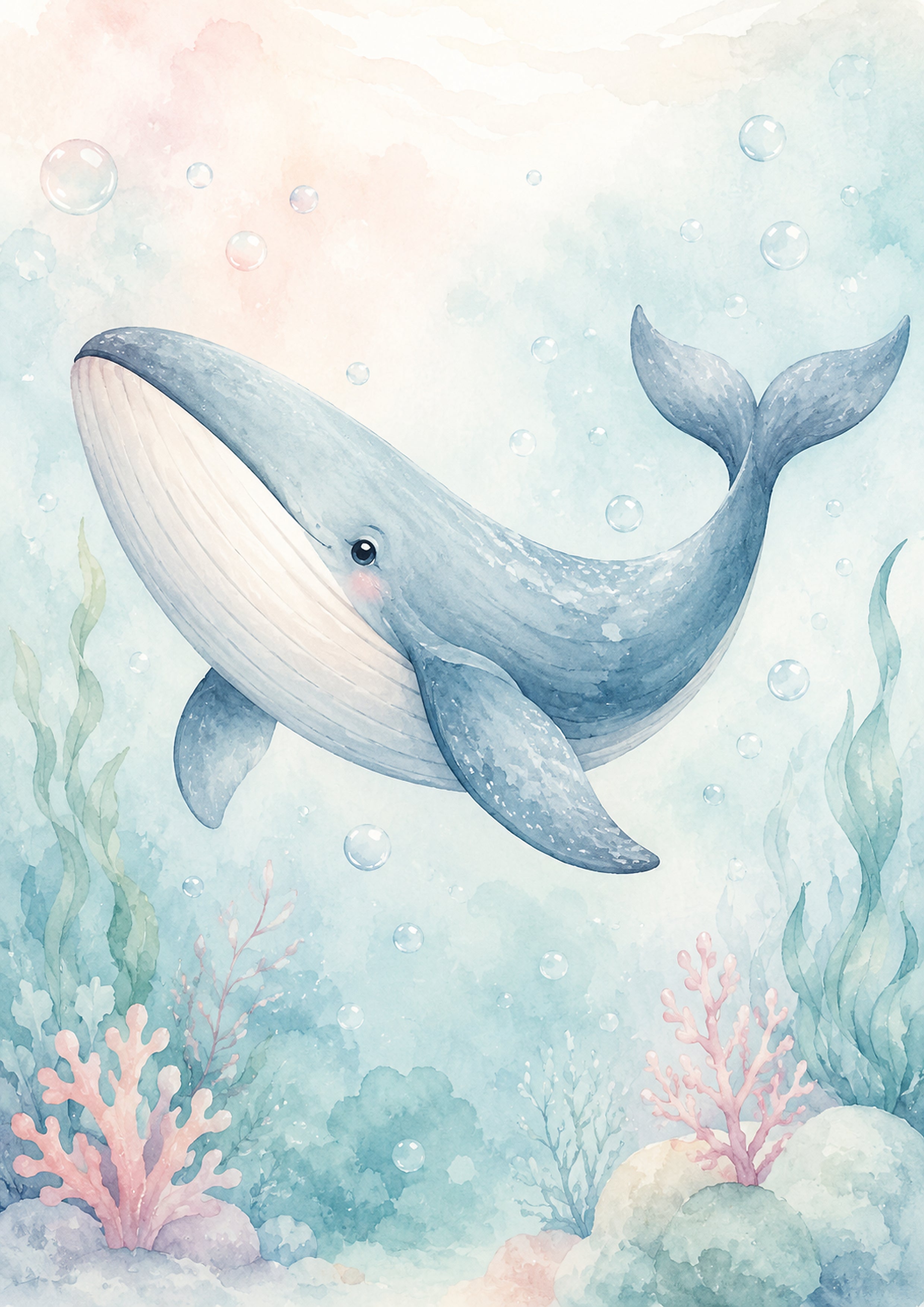 Gentle Whale in Watercolour Ocean Dream pastel nursery animal wall print by PosterMe.shop