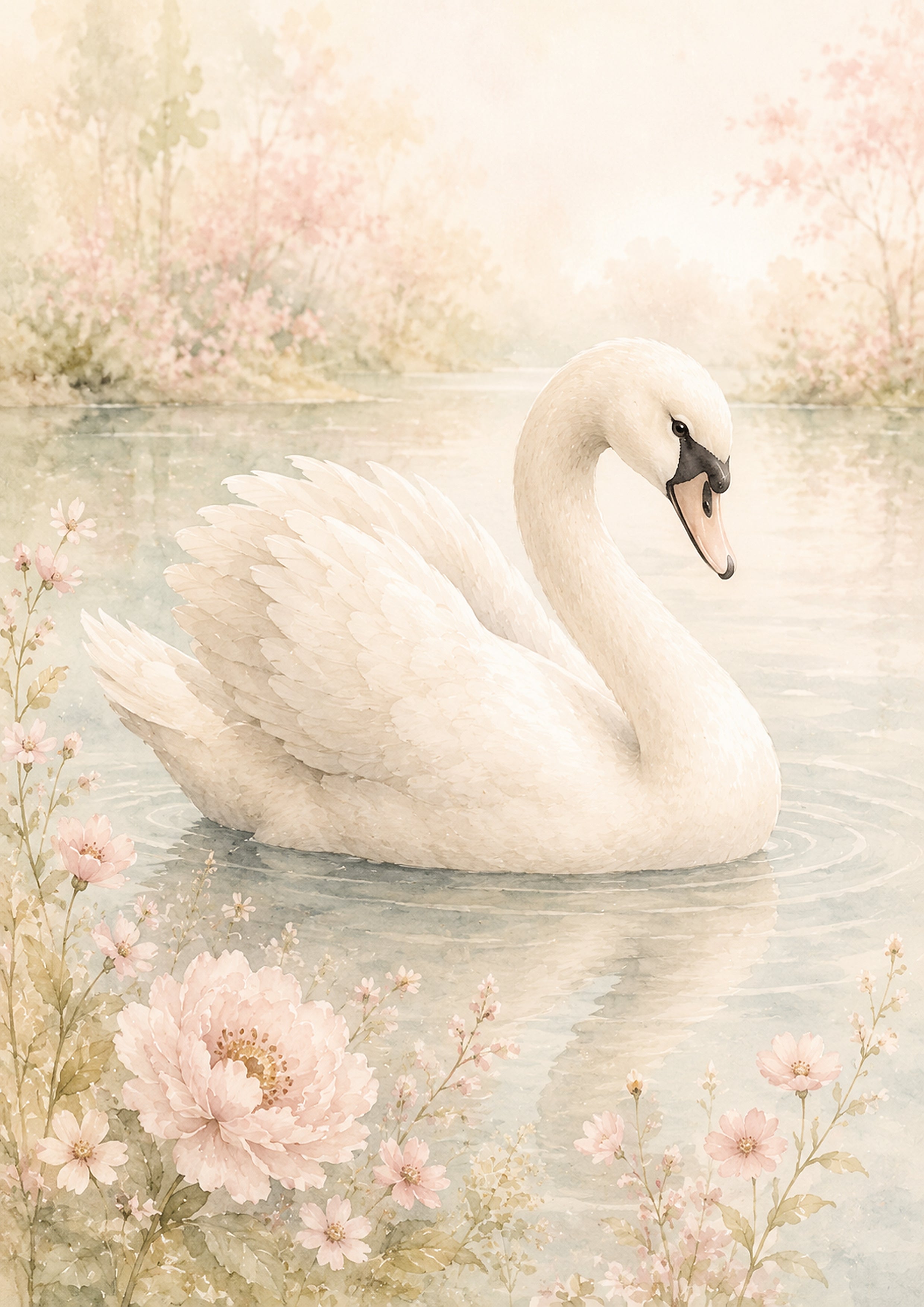 Serene Swan on A Misty Lake pastel nursery animal wall print by PosterMe.shop