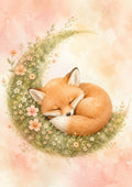 Sleeping Fox in A Floral Crescent pastel nursery animal wall print by PosterMe.shop