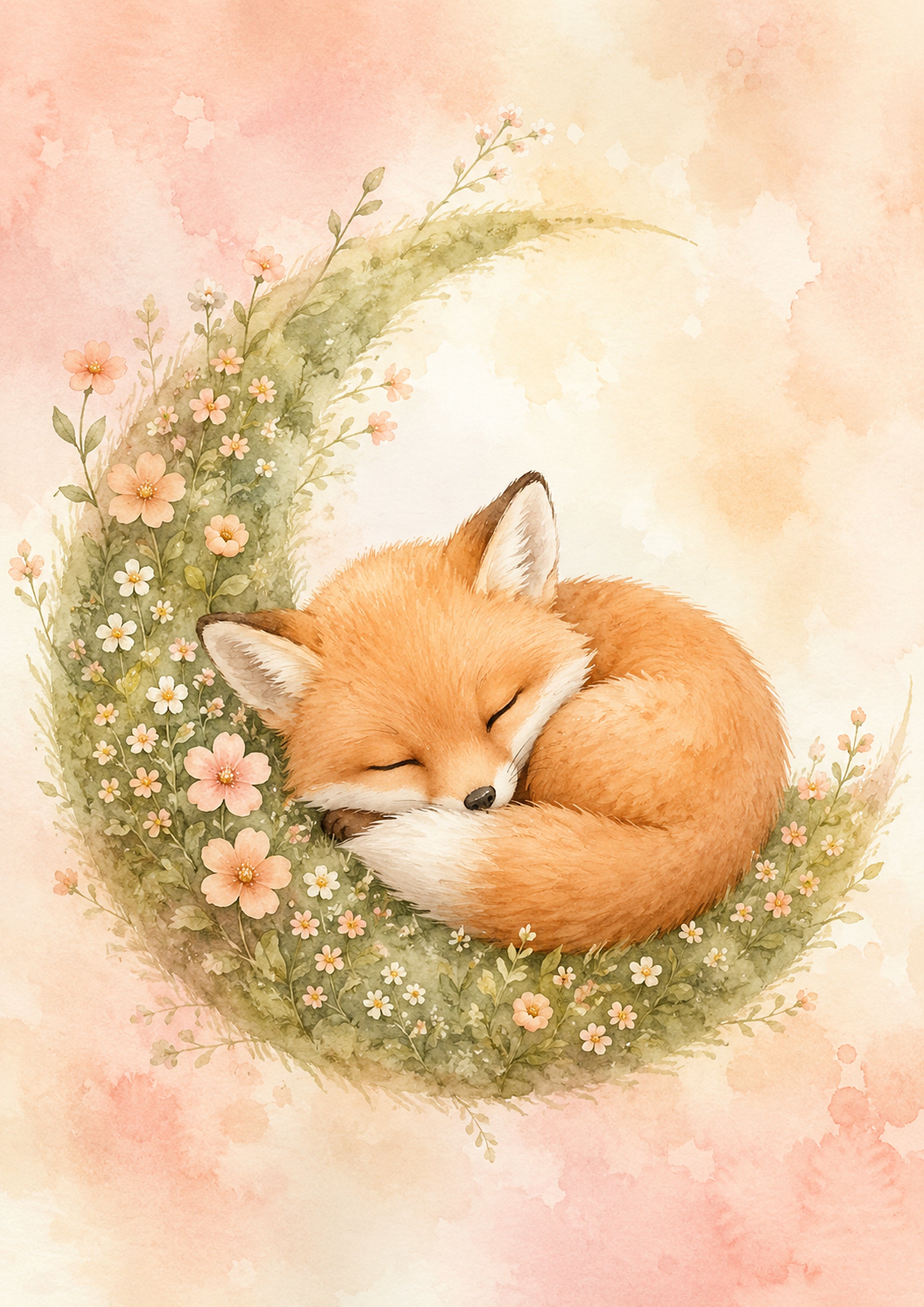 Sleeping Fox in A Floral Crescent pastel nursery animal wall print by PosterMe.shop