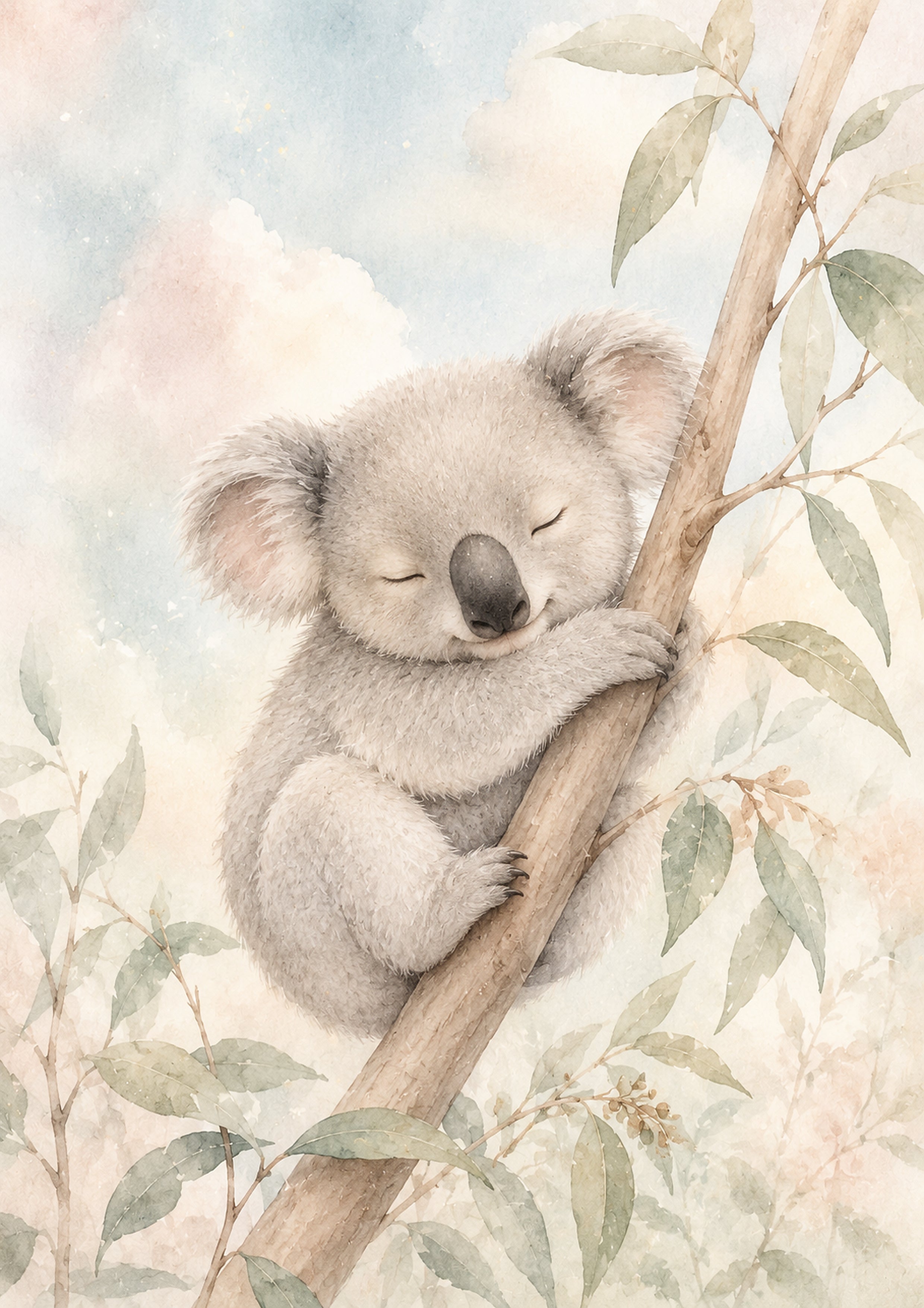 Sleeping Koala on A Eucalyptus Branch pastel nursery animal wall print by PosterMe.shop