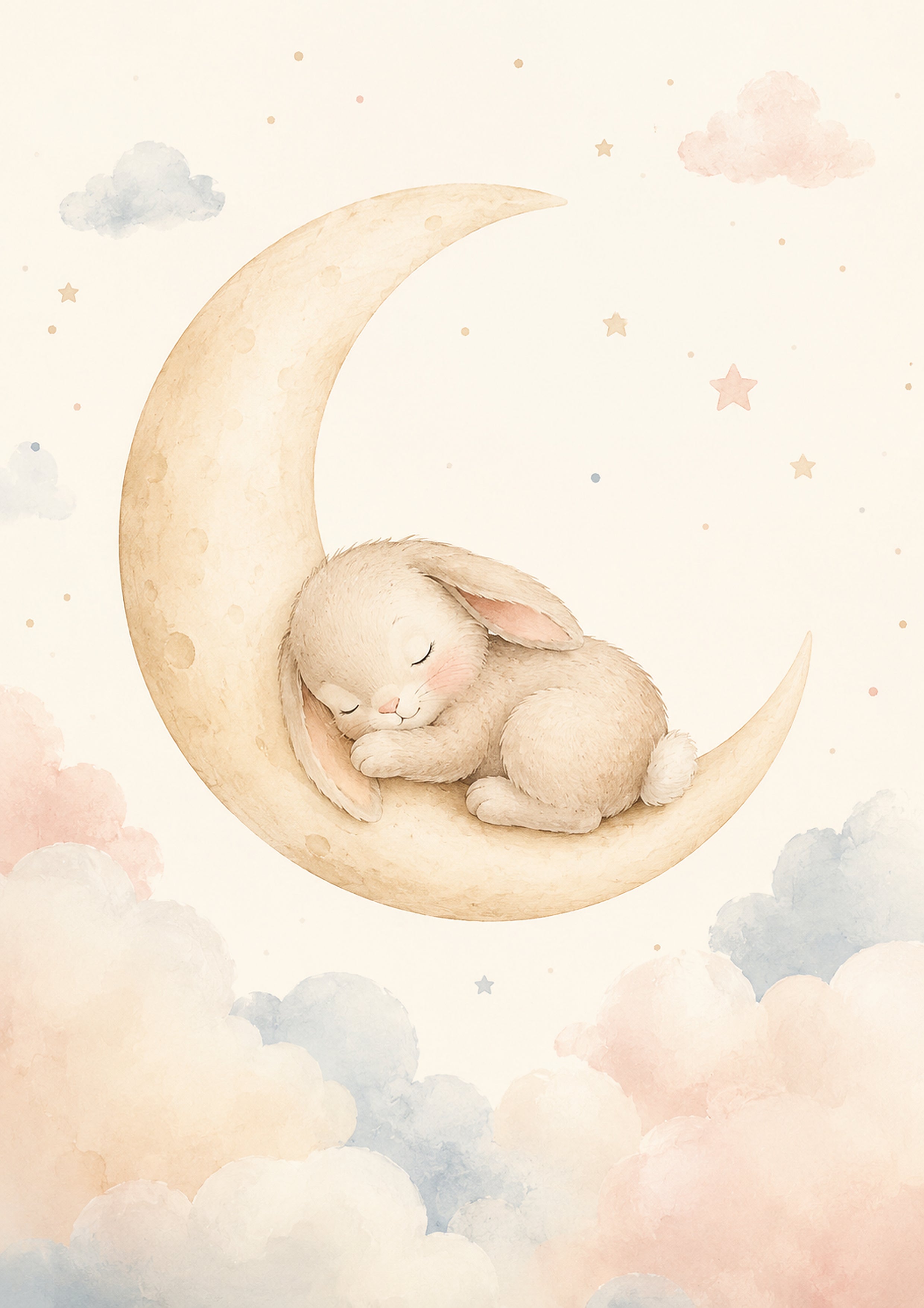 Sleepy Bunny on Crescent Moon pastel nursery animal wall print by PosterMe.shop