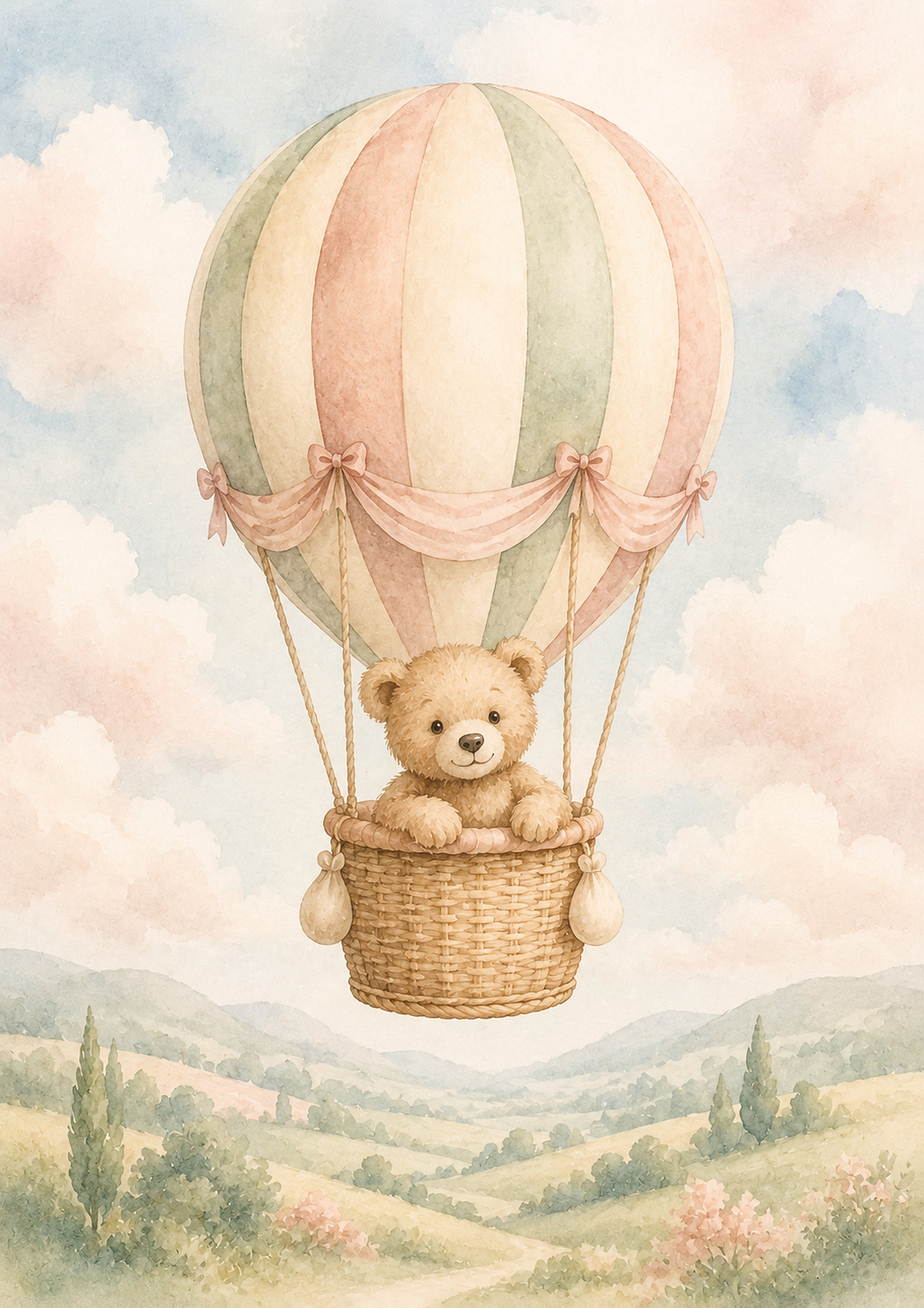 Teddy Bear Drifting in Pastel Skies pastel nursery animal wall print by PosterMe.shop