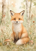 Whimsical Fox in A Flower Filled Meadow pastel nursery animal wall print by PosterMe.shop