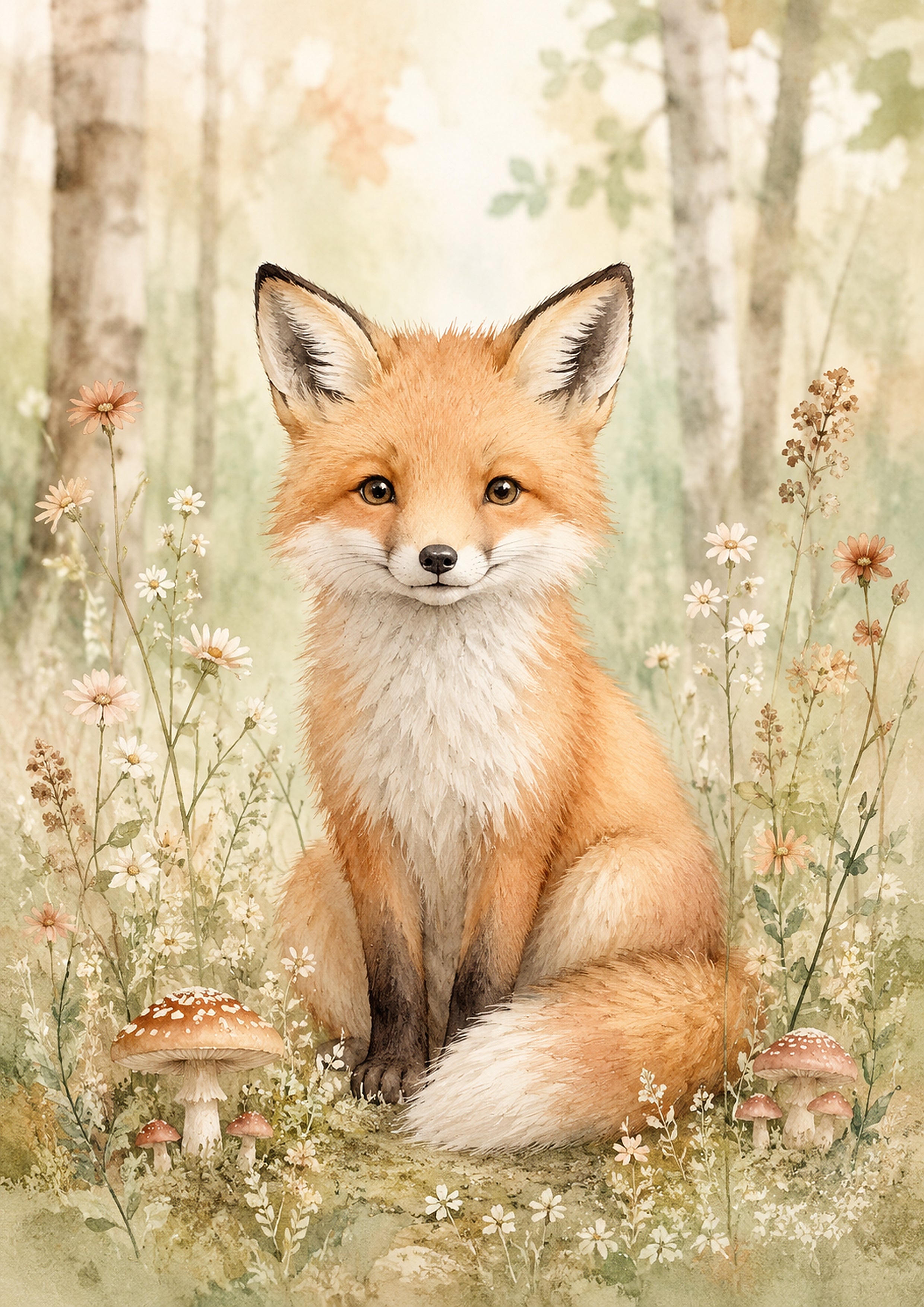 Whimsical Fox in A Flower Filled Meadow pastel nursery animal wall print by PosterMe.shop