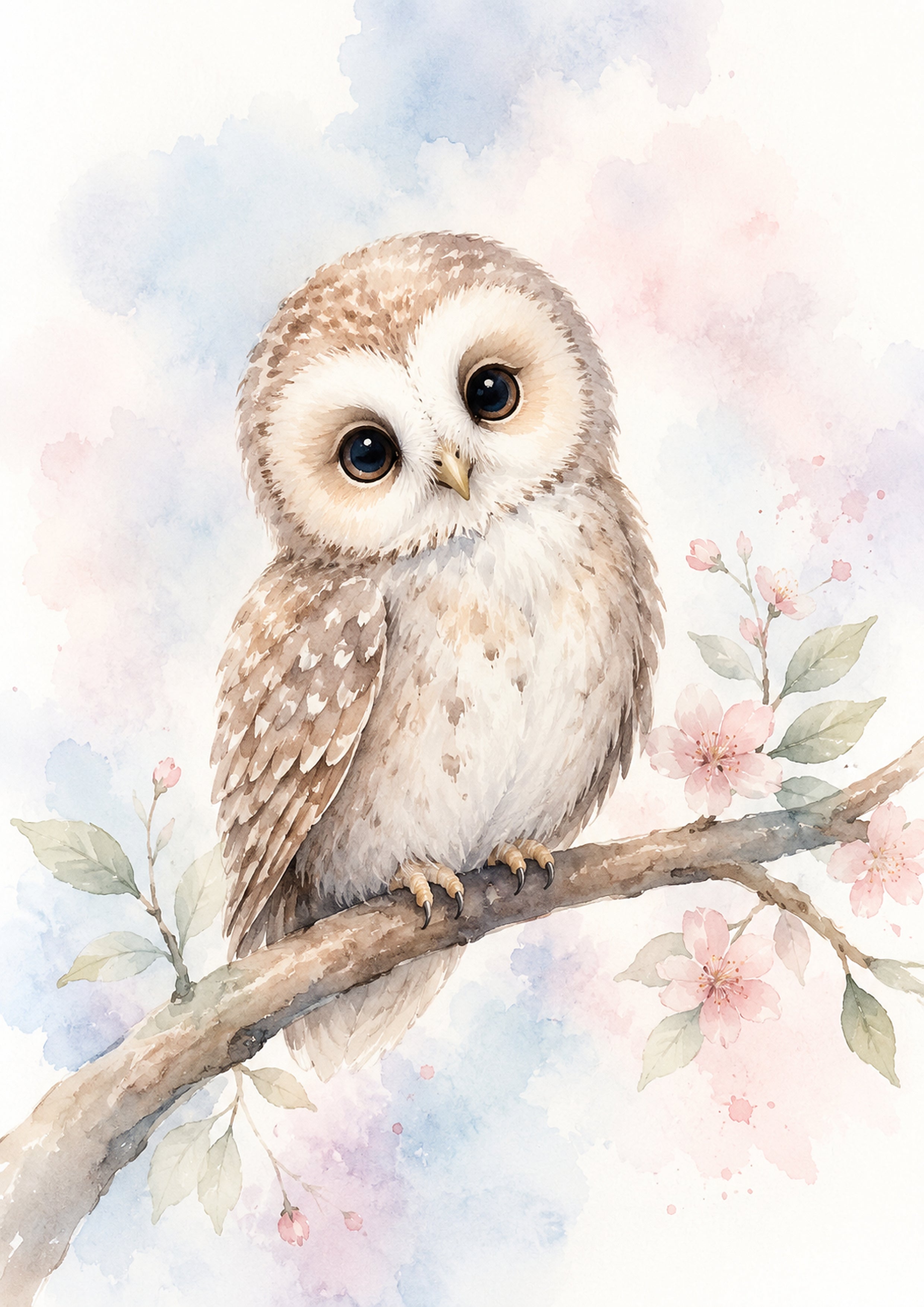 Whimsical Owl on A Blooming Branch pastel nursery animal wall print by PosterMe.shop