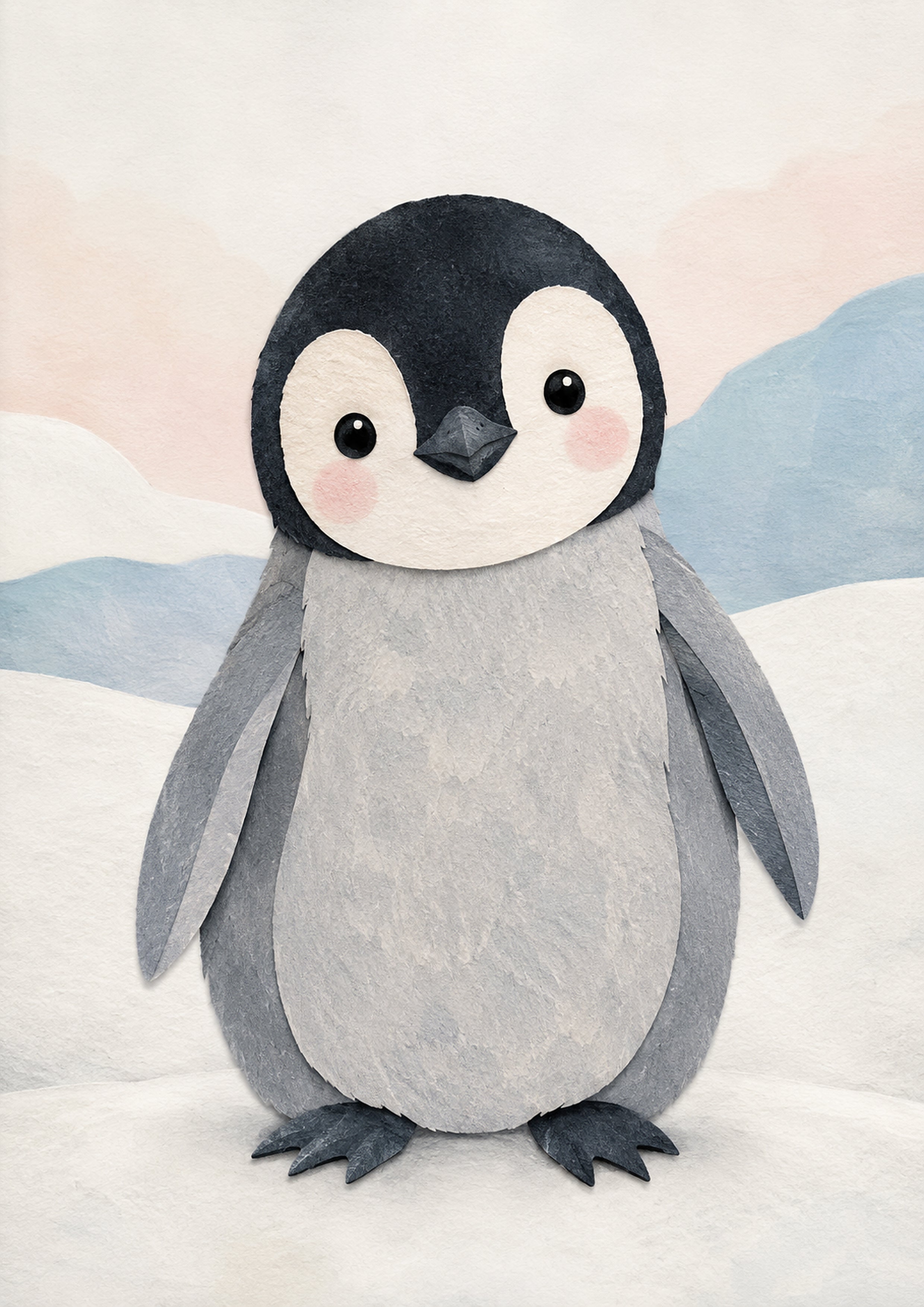 Adorable Penguin Chick in Snowy Landscape paper cut nursery wall print by PosterMe.shop