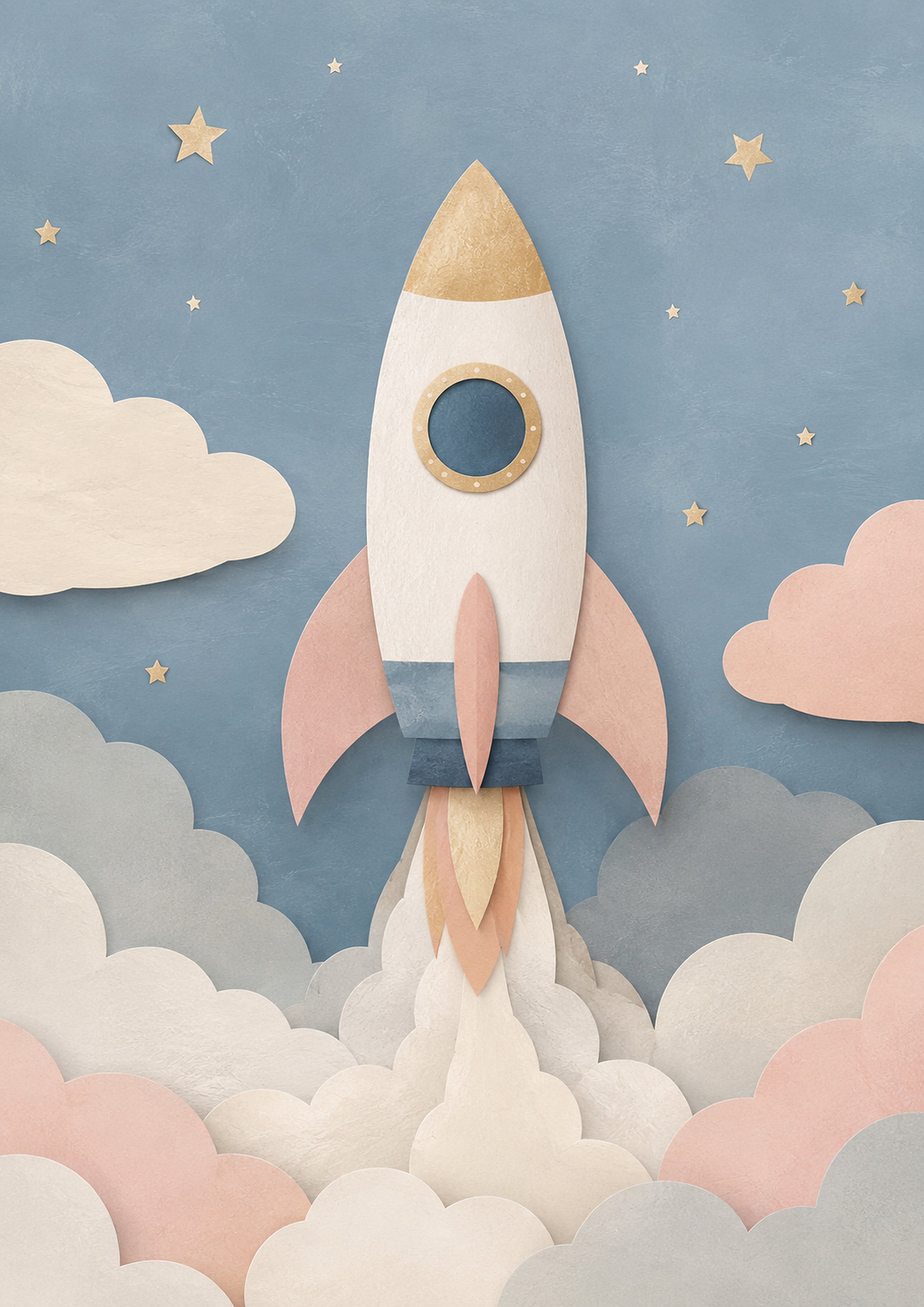 Rocket Ascent in A Dreamy Sky paper cut nursery wall print by PosterMe.shop