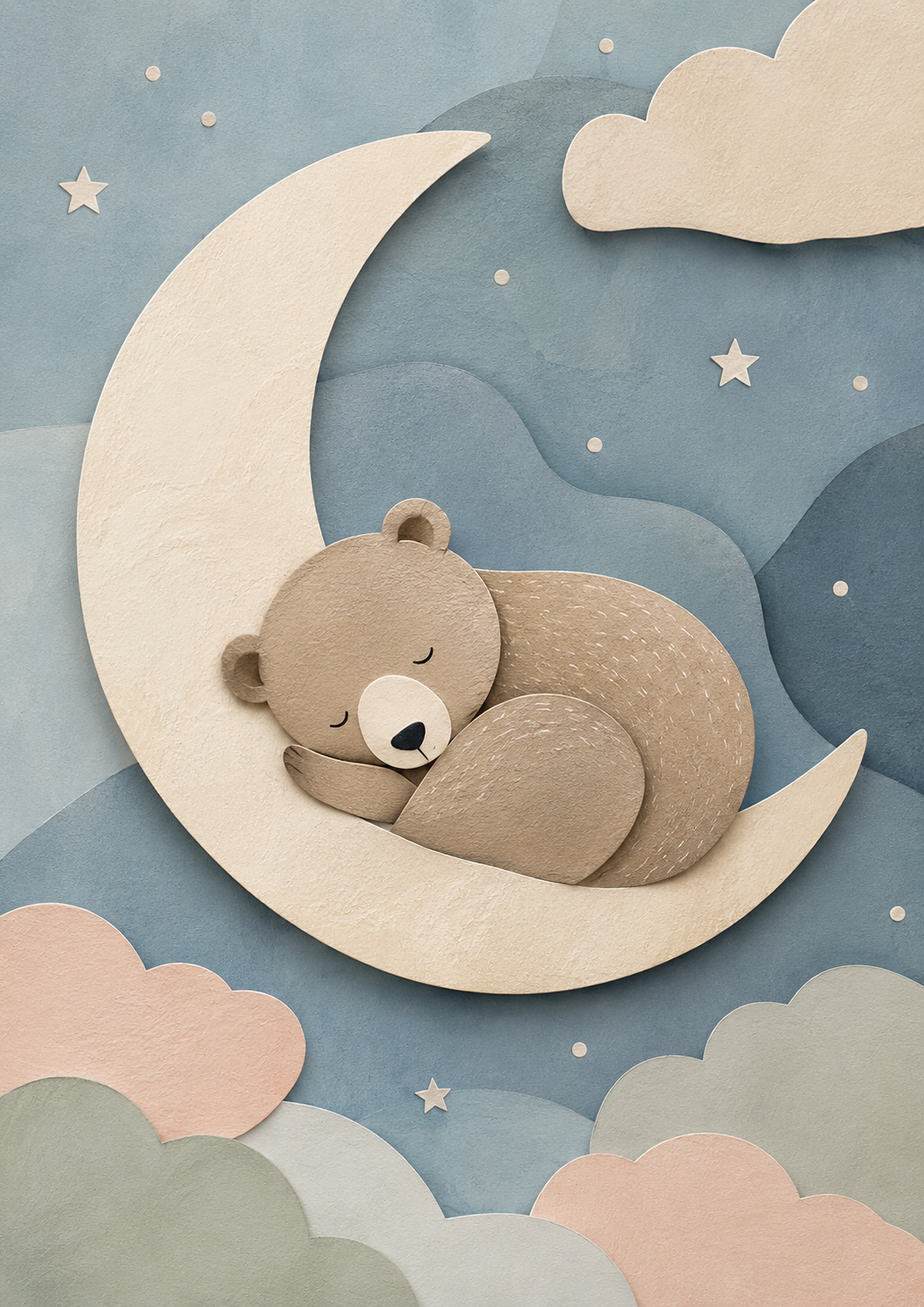 Sleeping Bear on the Crescent Moon paper cut nursery wall print by PosterMe.shop