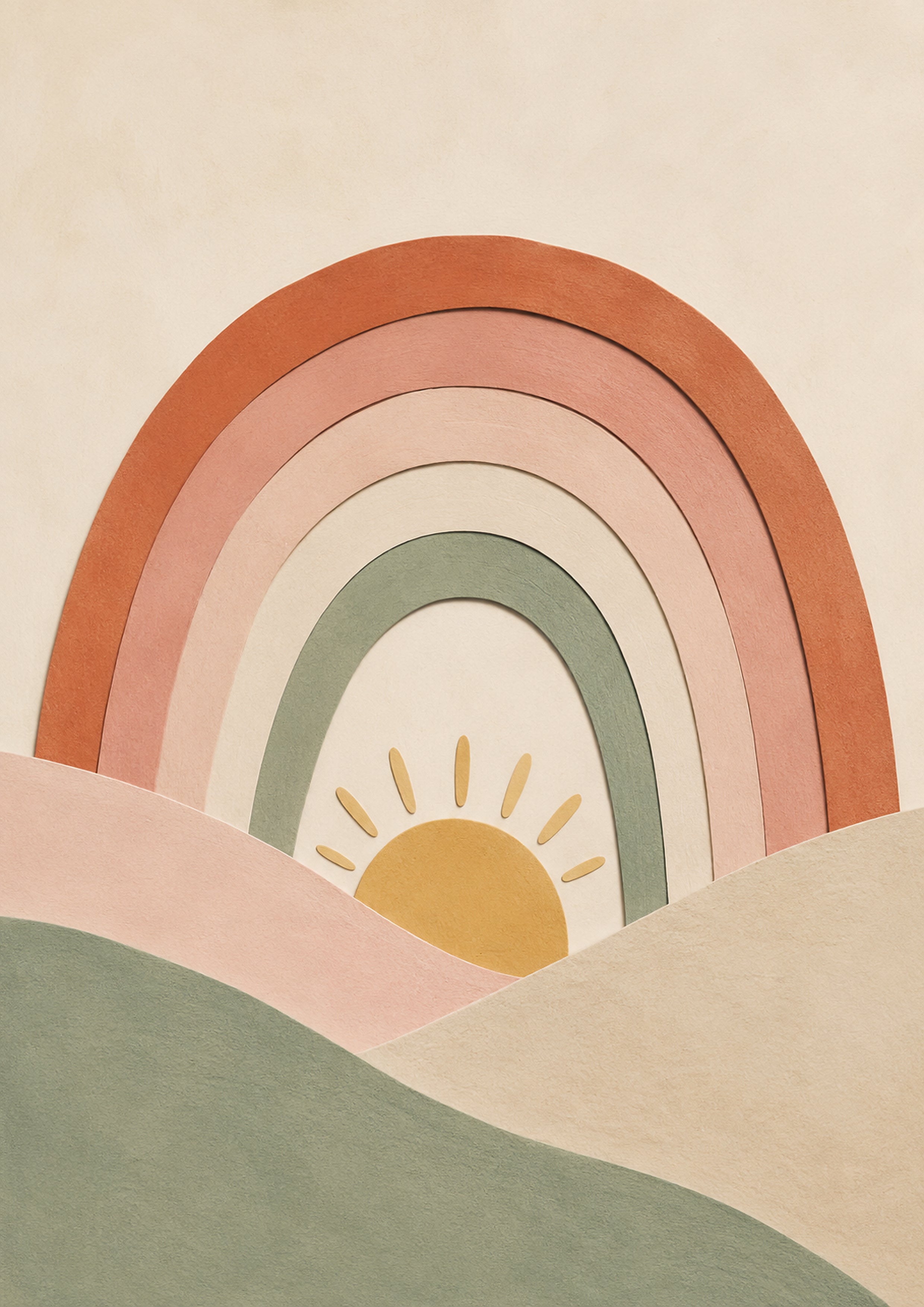 Soft Rainbow over Rolling Hills paper cut nursery wall print by PosterMe.shop