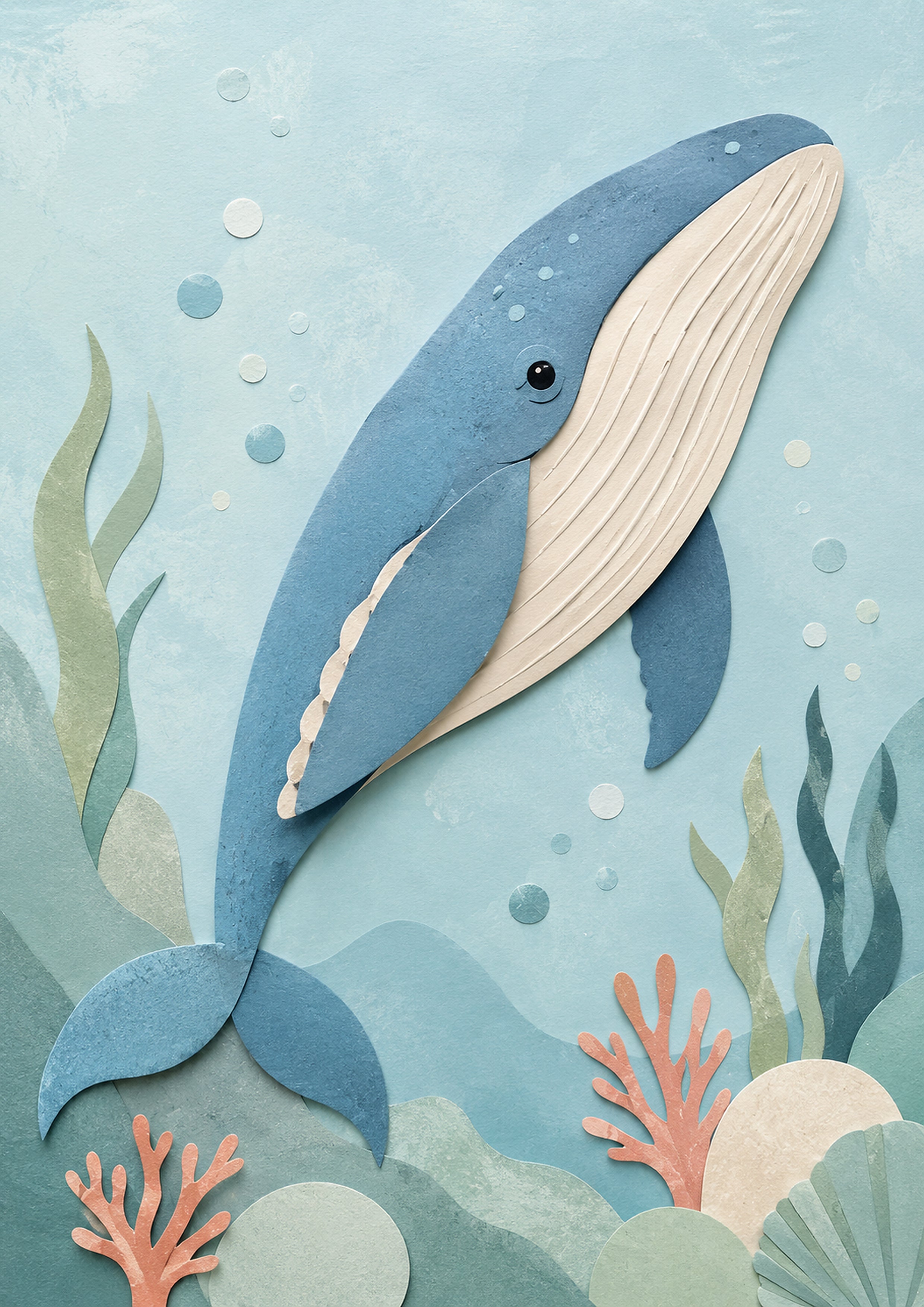 Whale Swimming Through A Pastel Sea paper cut nursery wall print by PosterMe.shop