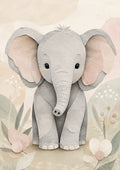 Whimsical Baby Elephant in A Paper Meadow paper cut nursery wall print by PosterMe.shop