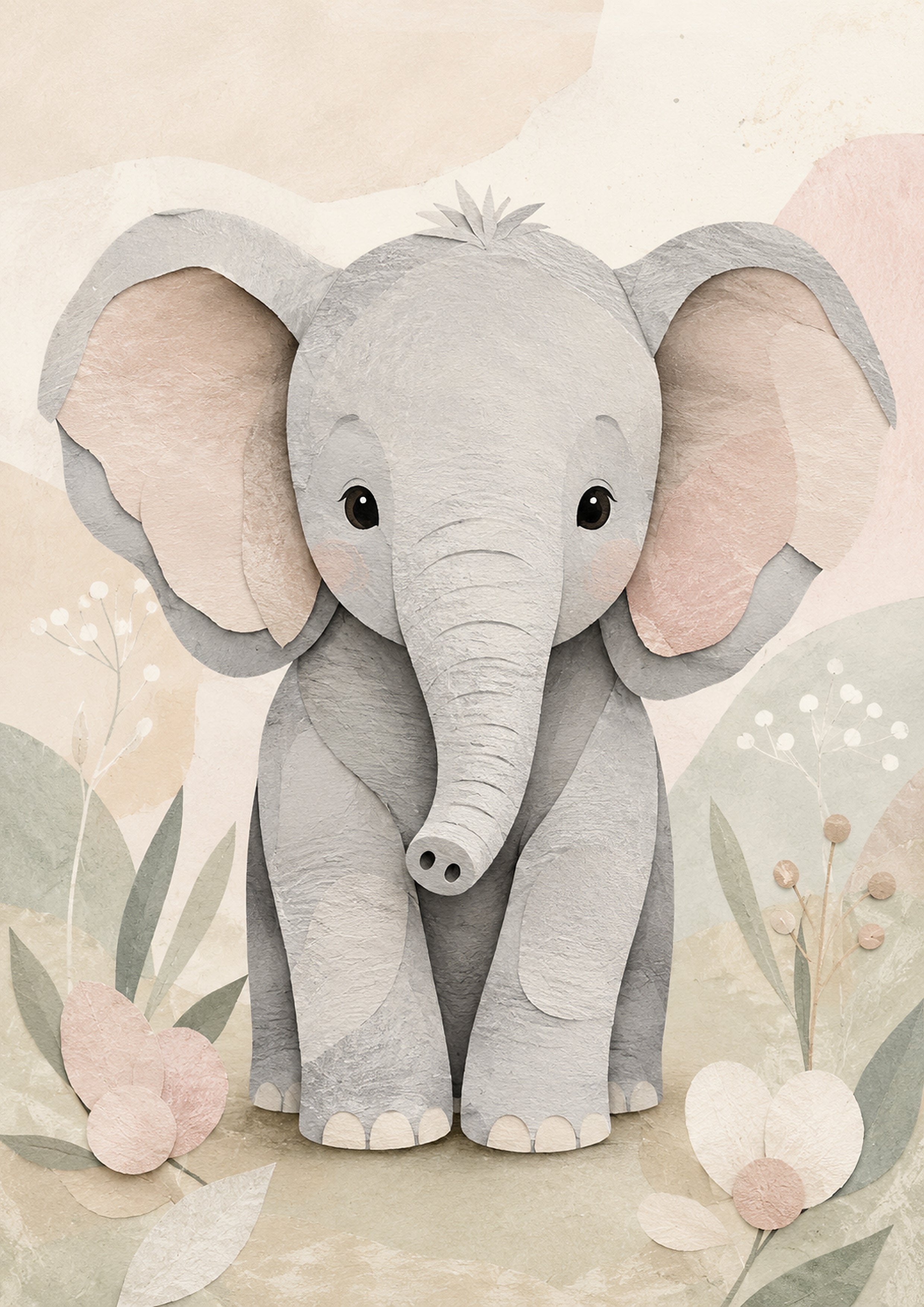 Whimsical Baby Elephant in A Paper Meadow paper cut nursery wall print by PosterMe.shop