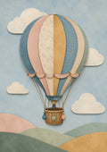 Whimsical Hot Air Balloon over Hills paper cut nursery wall print by PosterMe.shop