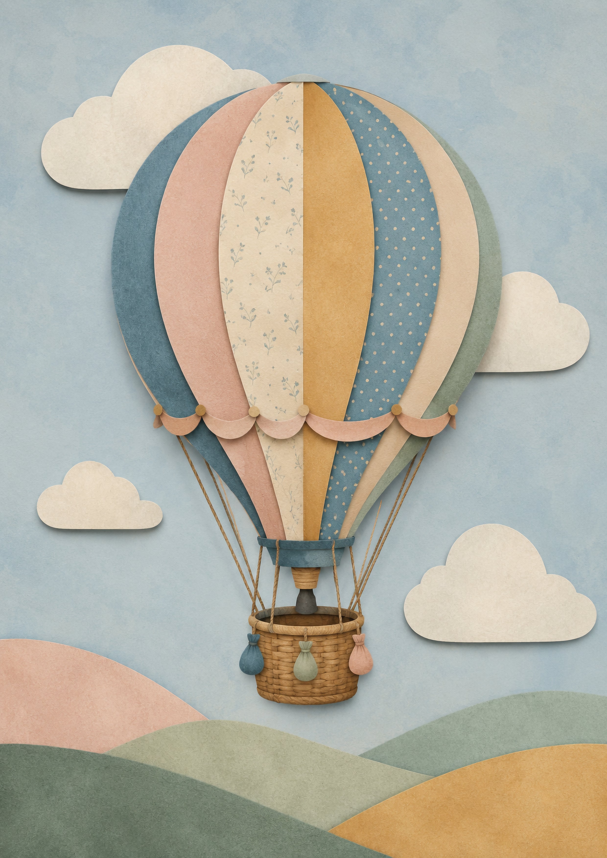Whimsical Hot Air Balloon over Hills paper cut nursery wall print by PosterMe.shop