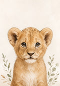 Gentle Lion Cub Botanical Portrait nursery wall print by PosterMe.shop