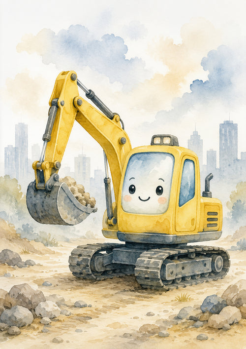 Cheerful Yellow Excavator in Soft Landscape nursery wall print by PosterMe.shop