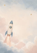 Dreamy Rocket Ascent in Pastel Sky nursery wall print by PosterMe.shop