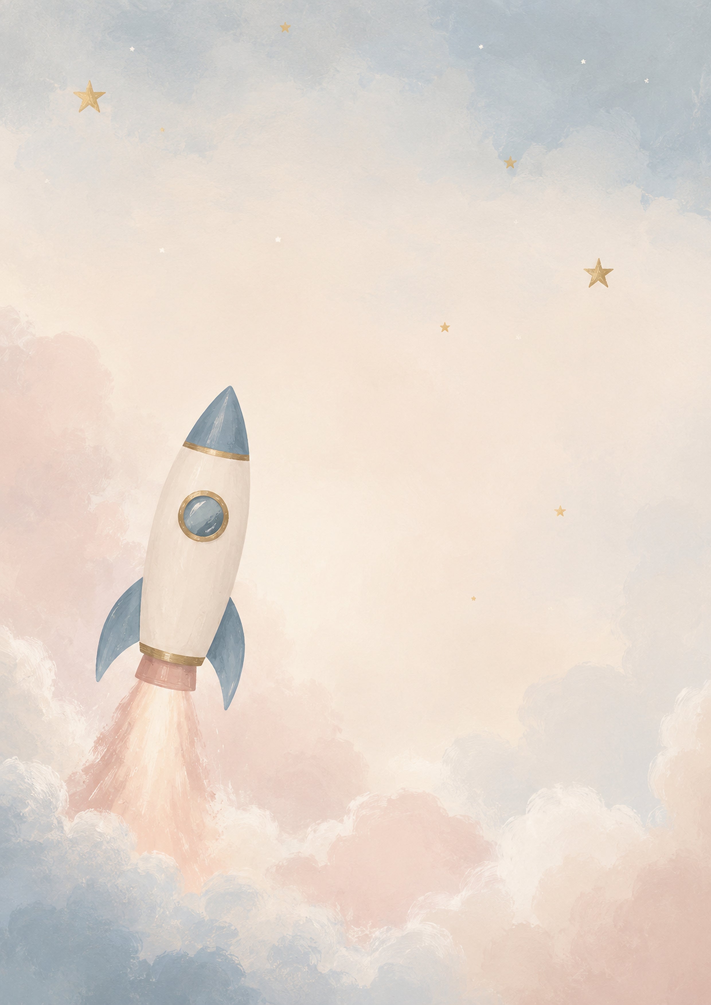 Dreamy Rocket Ascent in Pastel Sky nursery wall print by PosterMe.shop