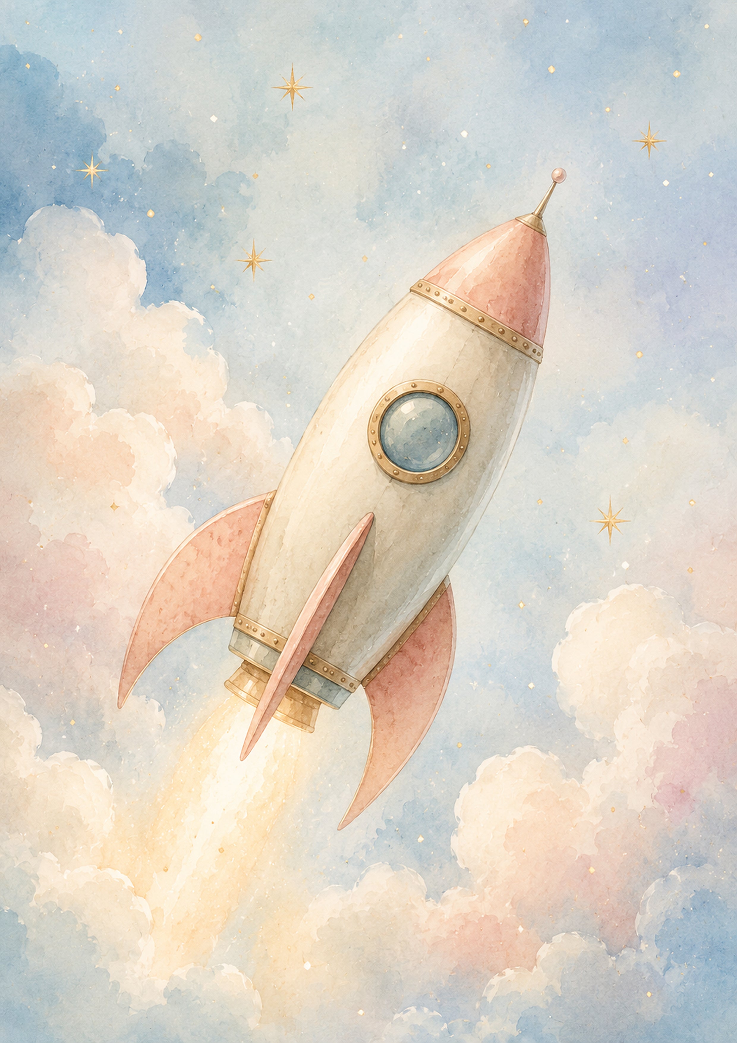 Dreamy Rocket in A Pastel Sky nursery wall print by PosterMe.shop