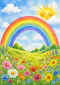 Joyful Spring Meadow with Rainbow and Flowers nursery wall print by PosterMe.shop