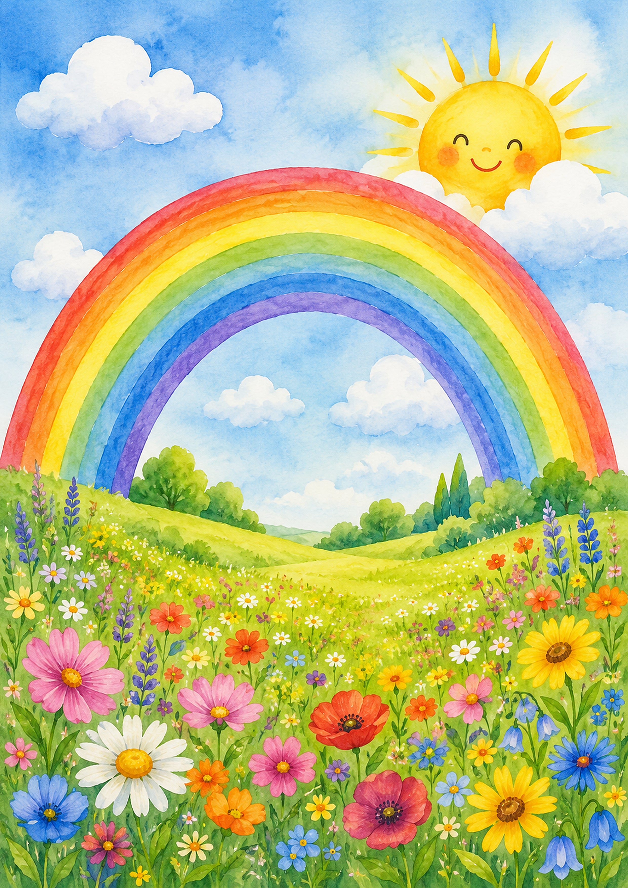 Joyful Spring Meadow with Rainbow and Flowers nursery wall print by PosterMe.shop