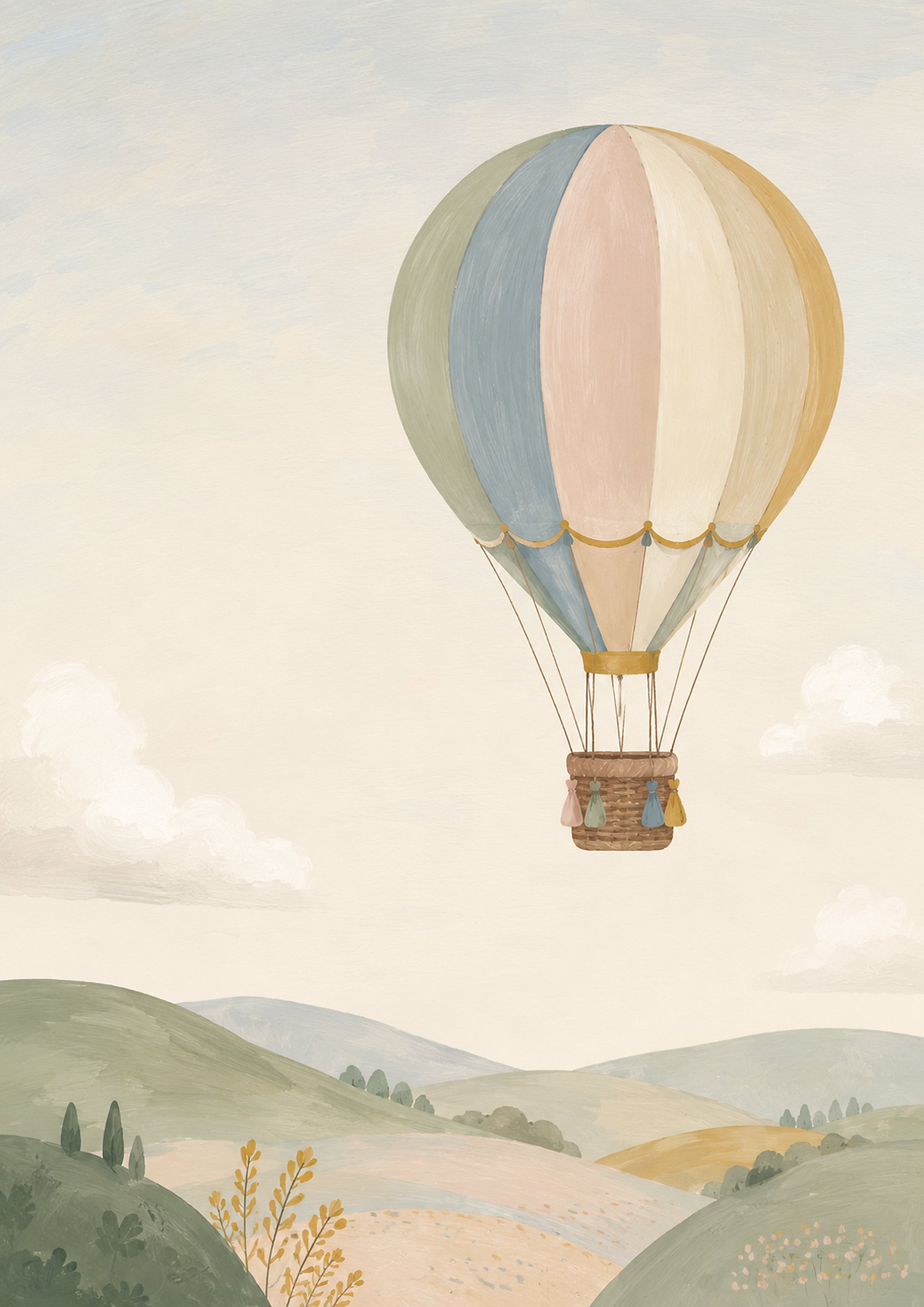 Serene Balloon over Rolling Hills nursery wall print by PosterMe.shop