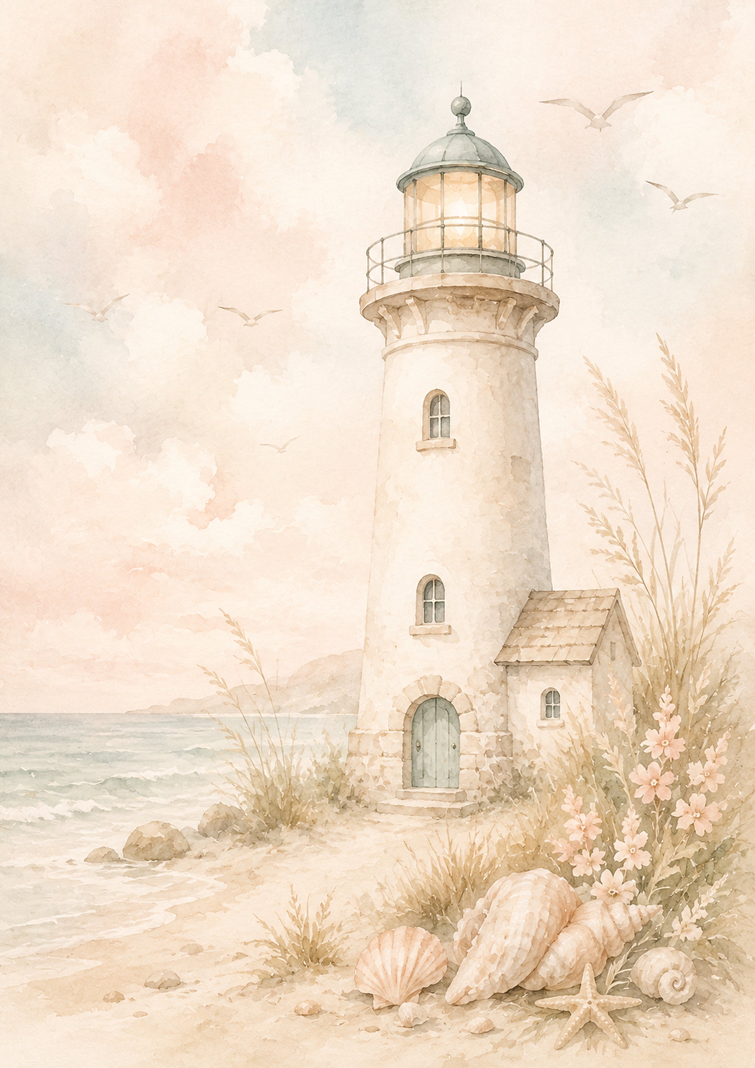 Serene Coastal Lighthouse at Sunset nursery wall print by PosterMe.shop