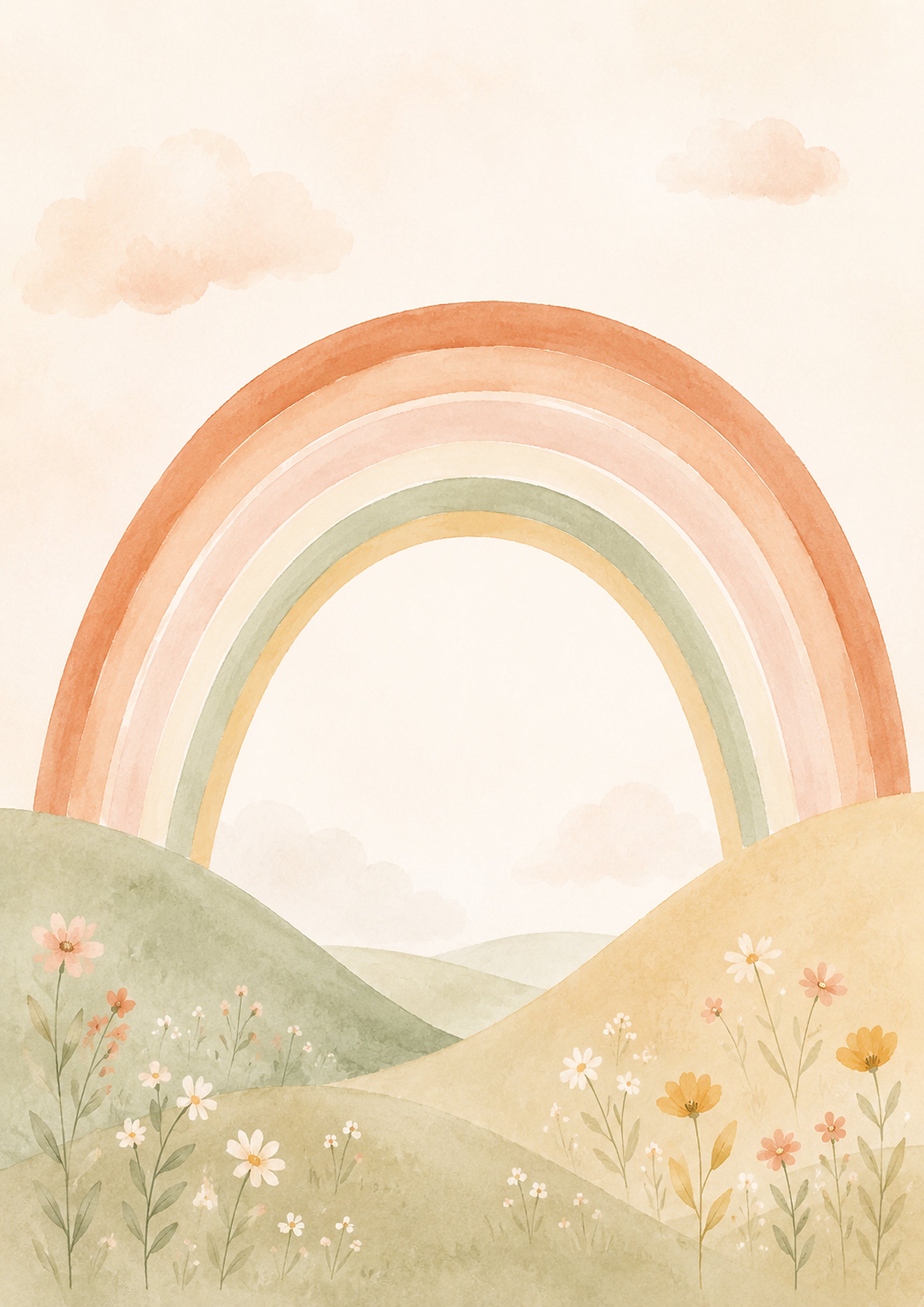 Serene Pastel Rainbow over Rolling Hills nursery wall print by PosterMe.shop