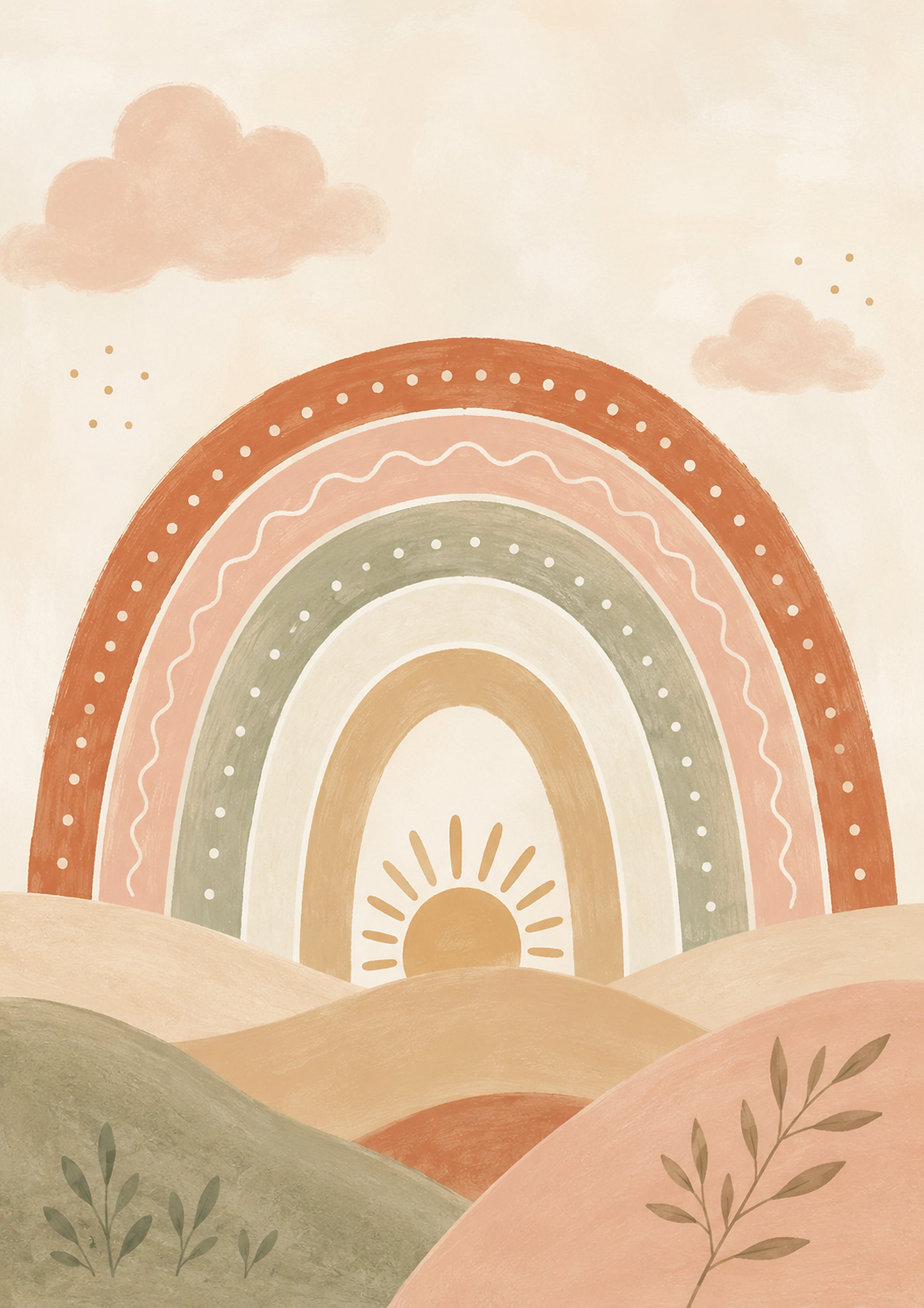 Soft Rainbow over Dreamy Hills nursery wall print by PosterMe.shop