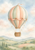 Whimsical Balloon over A Misty Countryside nursery wall print by PosterMe.shop